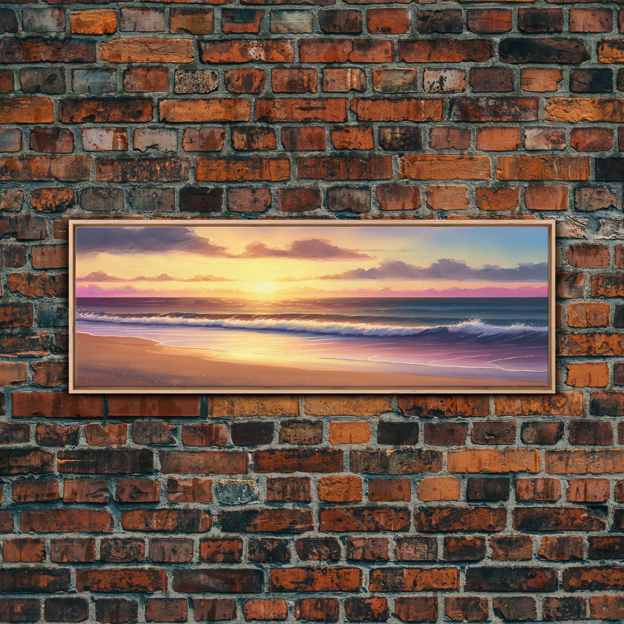 Panoramic Framed Canvas Print of Watercolor Landscape Painting Beach at Sunset - Perfect Home Decor for Tranquility and Joy