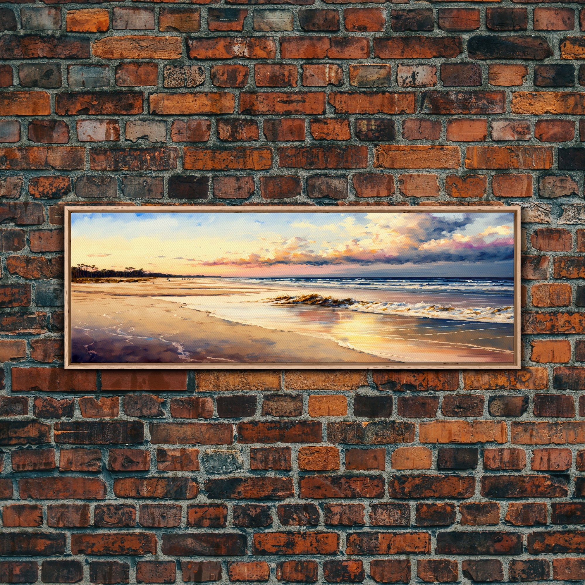 Panoramic Beach Sunset Canvas Print, Watercolor Landscape Framed Art, Whimsical Home Decor, Nature Wall Art, Wide Wall Art