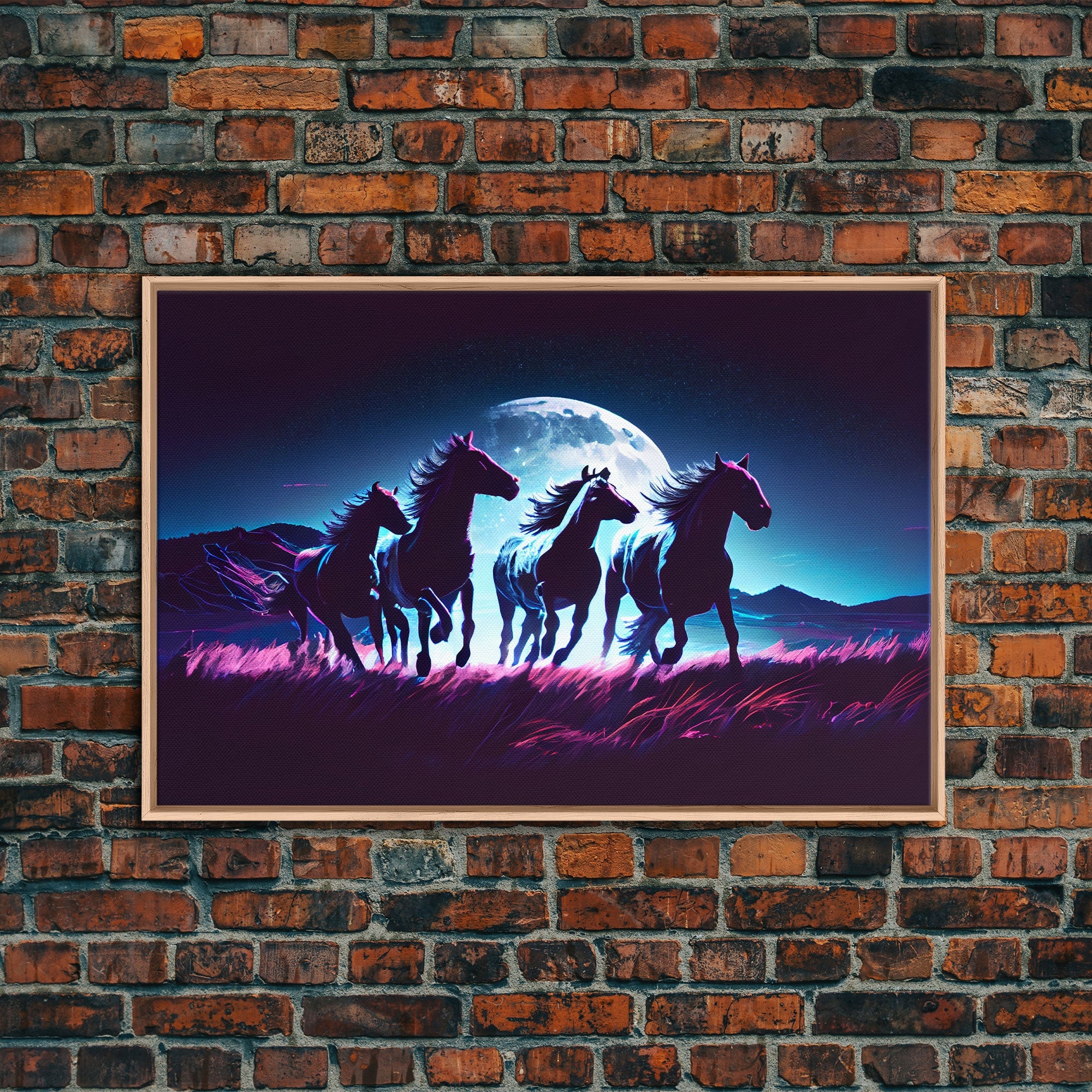 Wild horses running in the moonlight, vaporwave art, framed canvas print