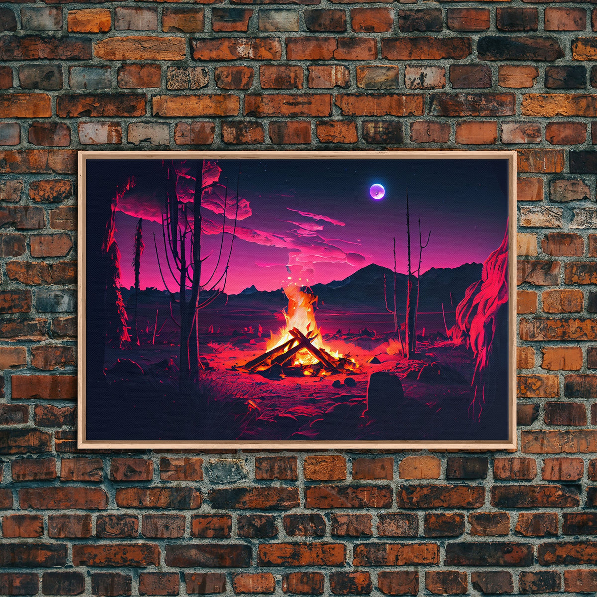 Primitive Art, Campfire Painting Print, Framed Canvas Print, Synthwave Farmhouse Decor | | Wiccan Center