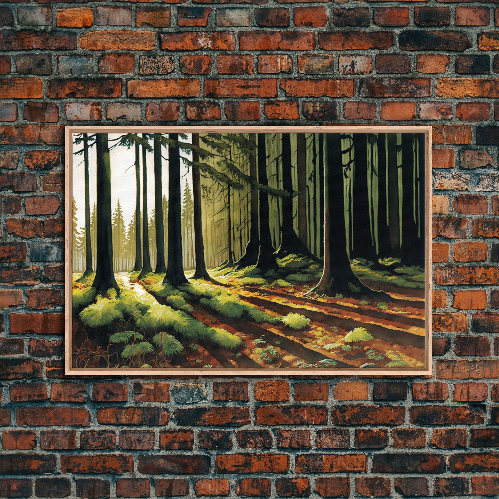 Watercolor of a sunset in a fall forest, framed canvas print, framed wall art, living room wall decor, autumn tones