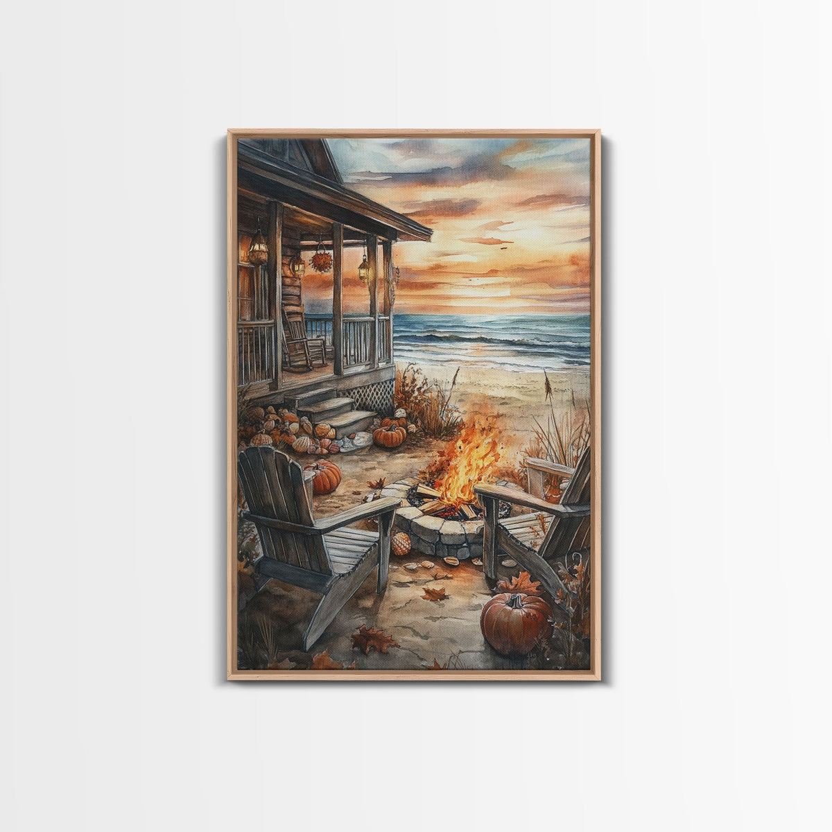 Beach Campfire On The Fall, Framed Canvas Print, Boho Beach Art Nautical Decor, Modern Christmas / Thanksgiving Gift Wall Art | | Wiccan Center