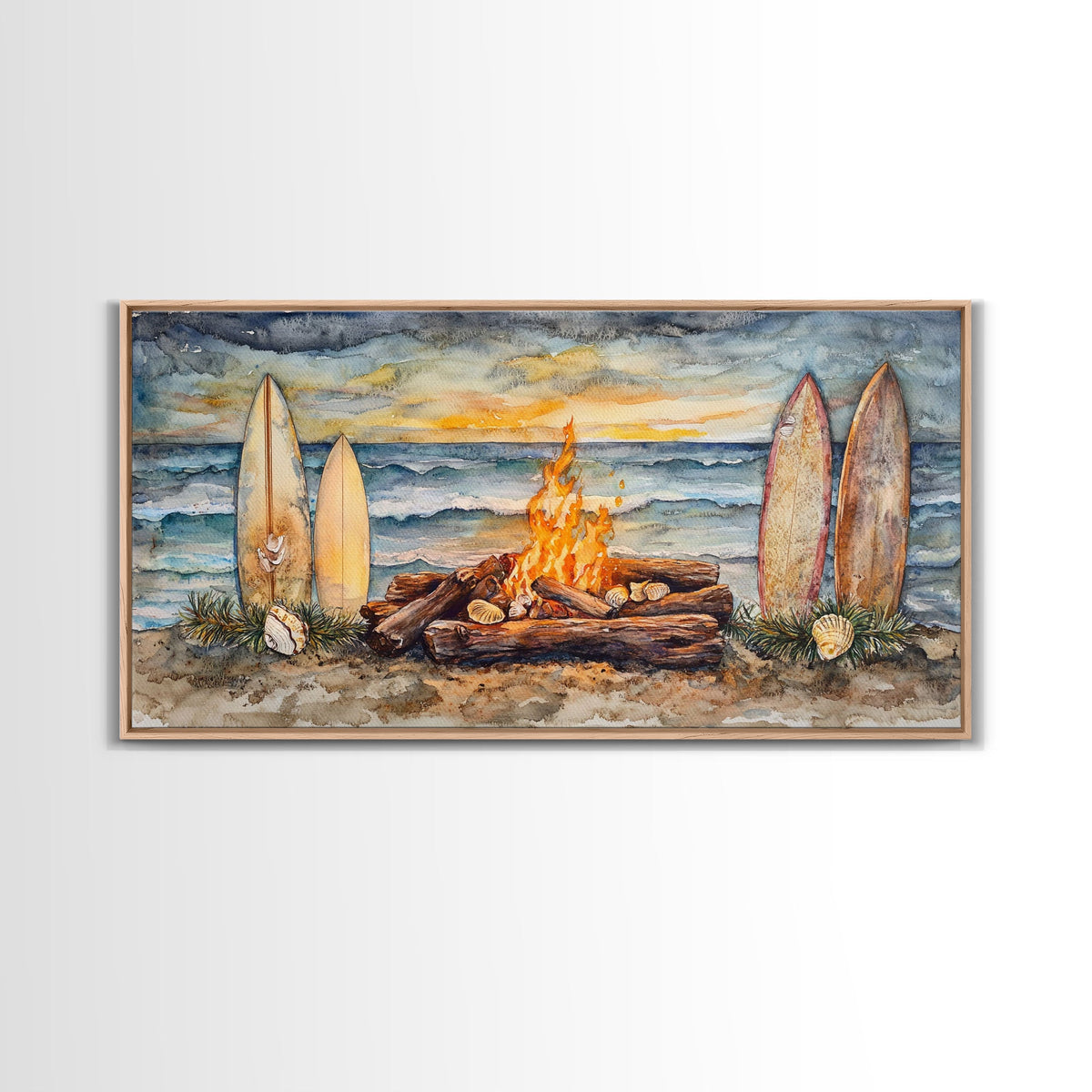 Surfboards And Bonfire On The Beach At Sunset, Tropical Coastal Wall Art, Beach Christmas Decor, Framed Canvas Print | | Wiccan Center