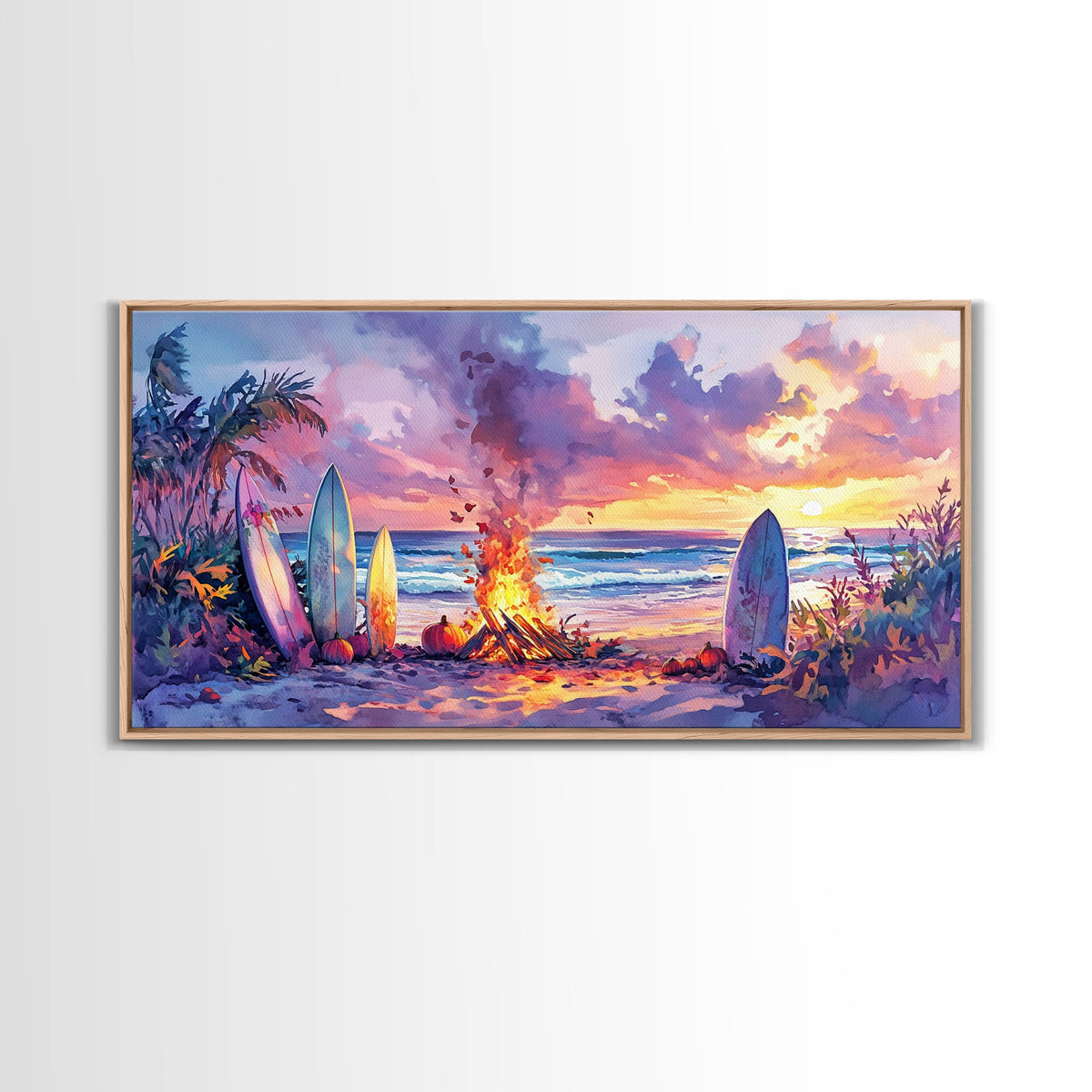 Surfboards And Bonfire At Sunset With Pumpkins, Tropical Beach Christmas Wall Art, Coastal Holiday Framed Canvas Print | | Wiccan Center