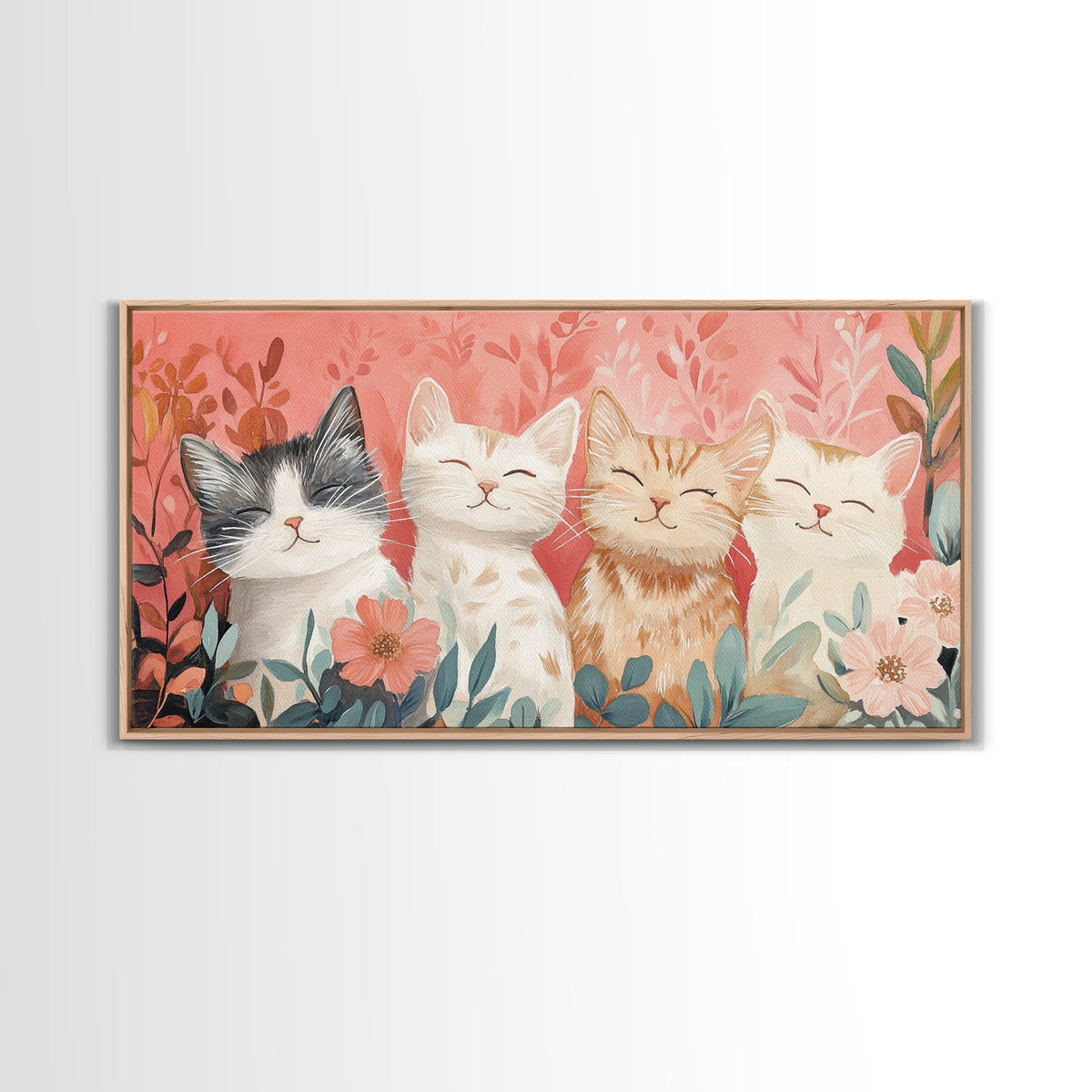 Cats and Flowers Painting Framed Canvas Print, Whimsical Pink Wall Art, Rustic Original Artwork, Cottagecore Decor Gift Idea