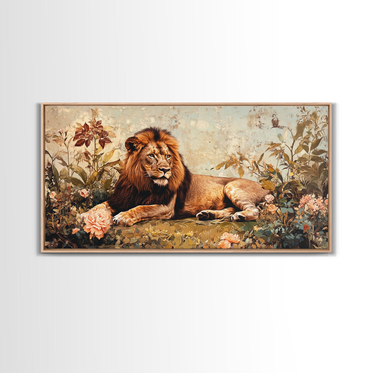 Regal Lion in Wildflowers Framed Canvas Print, Safari Wildlife Painting, African Rustic Wall Art, Boho Nature Decor, Animal Kingdom Art