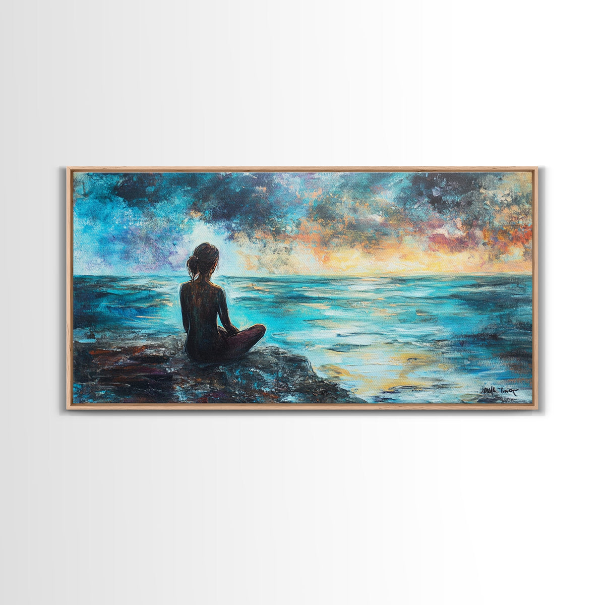 Woman Meditating Coastal Sunset Framed Canvas Print Yoga Art Nautical Wall Art Bedroom Decor Perfect Gift Idea Coastal Cowgirl Artwork | | Wiccan Center