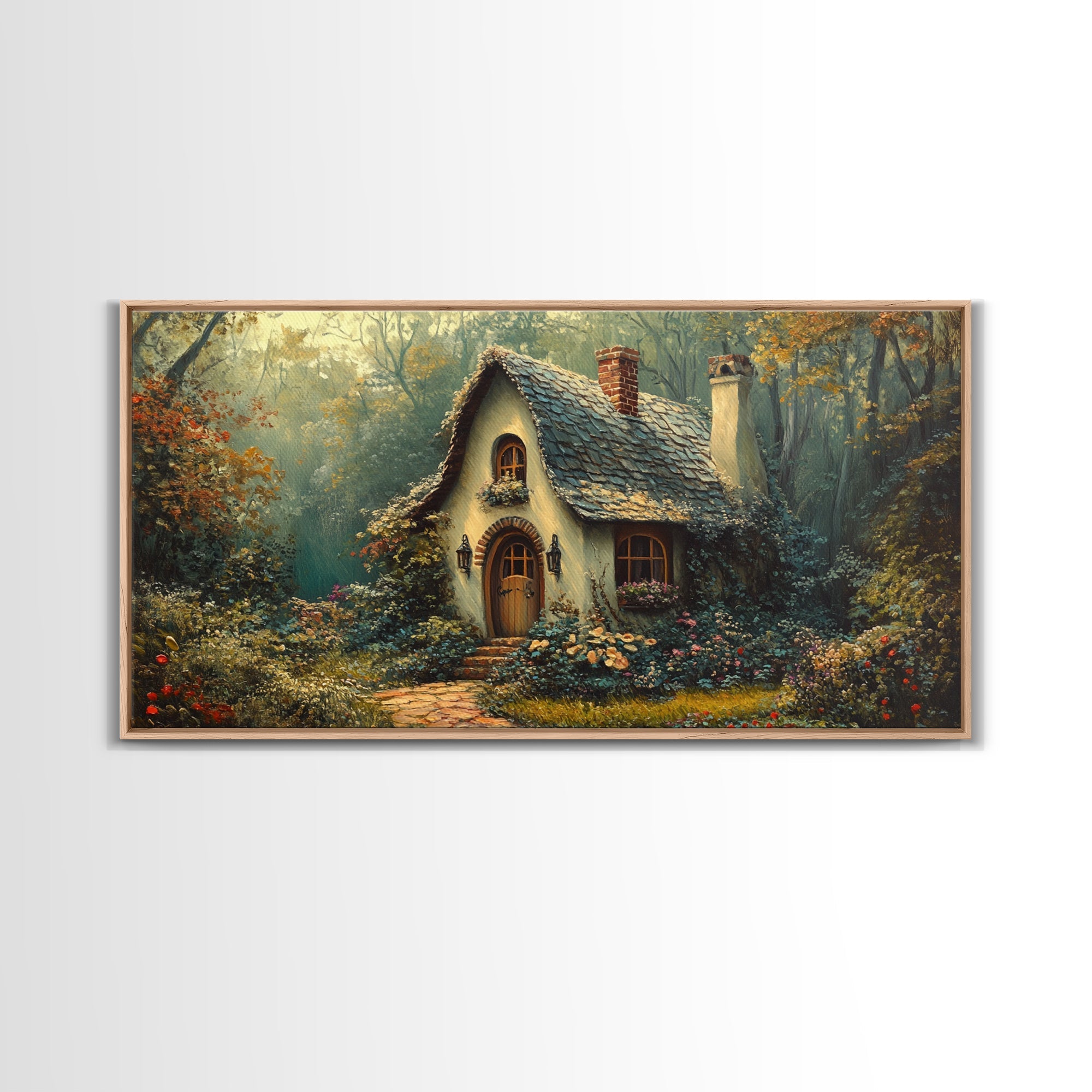 Enchanted Forest Cottage Framed Canvas Print Fairytale Cottagecore Rustic Wall Art Whimsical Landscape Painting Above Sofa Art Gift Idea