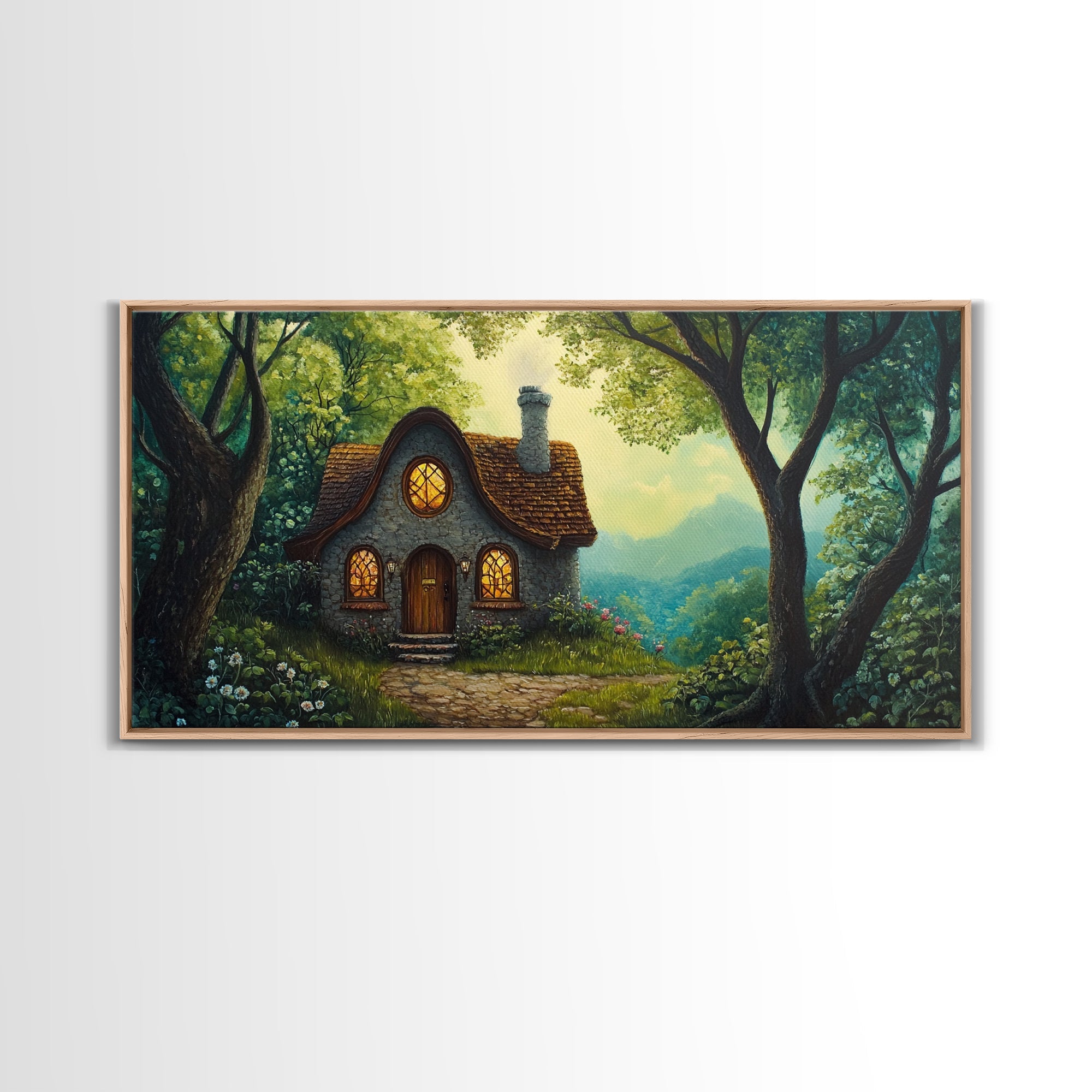 Cozy Forest Cottage Canvas Print Cottagecore Landscape Art Rustic Home Decor Whimsical Above Bed Art Fairy Tale Wall Art Gift Idea