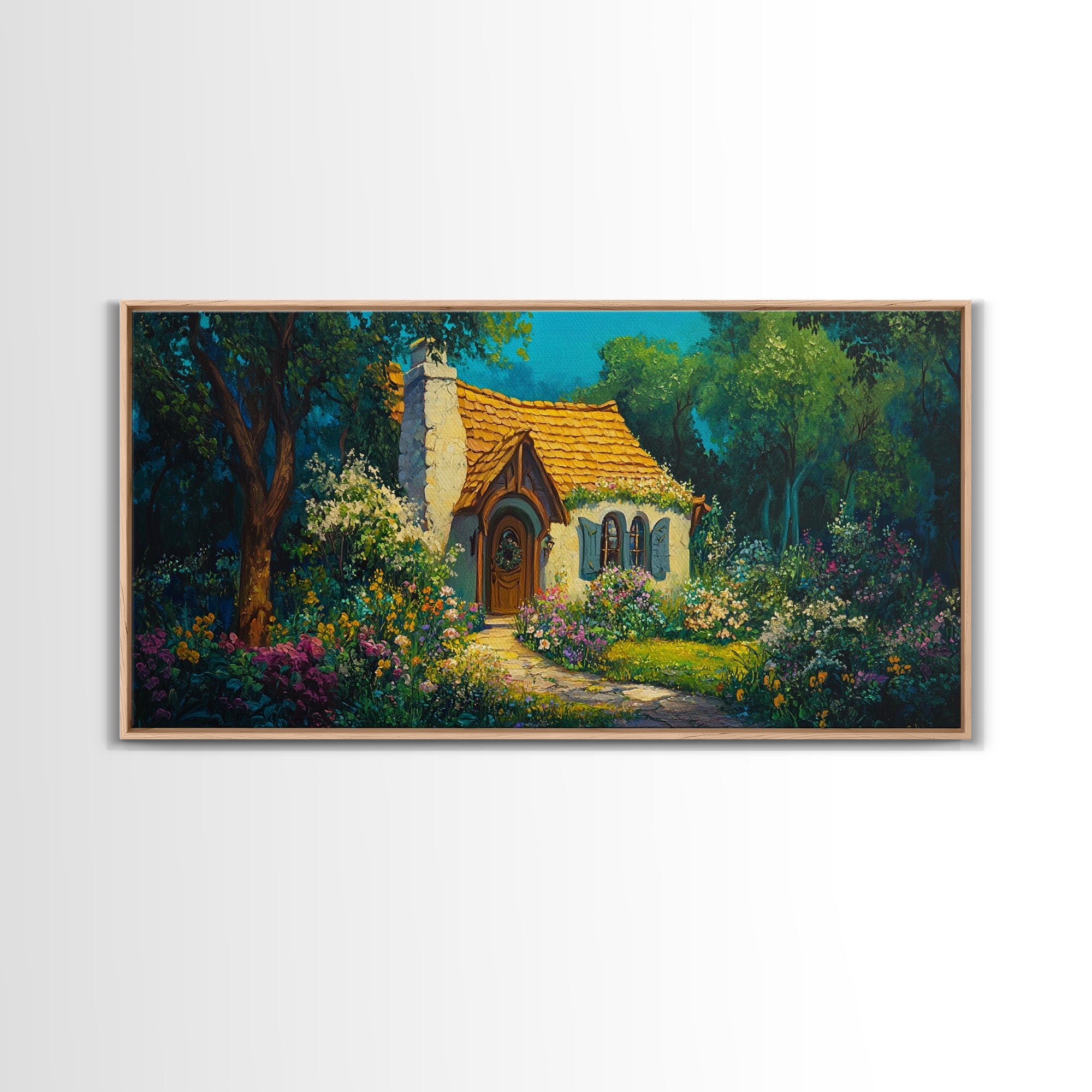 Garden Cottage Scene Framed Canvas Print Whimsical Cottagecore Art Rustic Wall Decor Fairytale Landscape Painting Guest Room Art