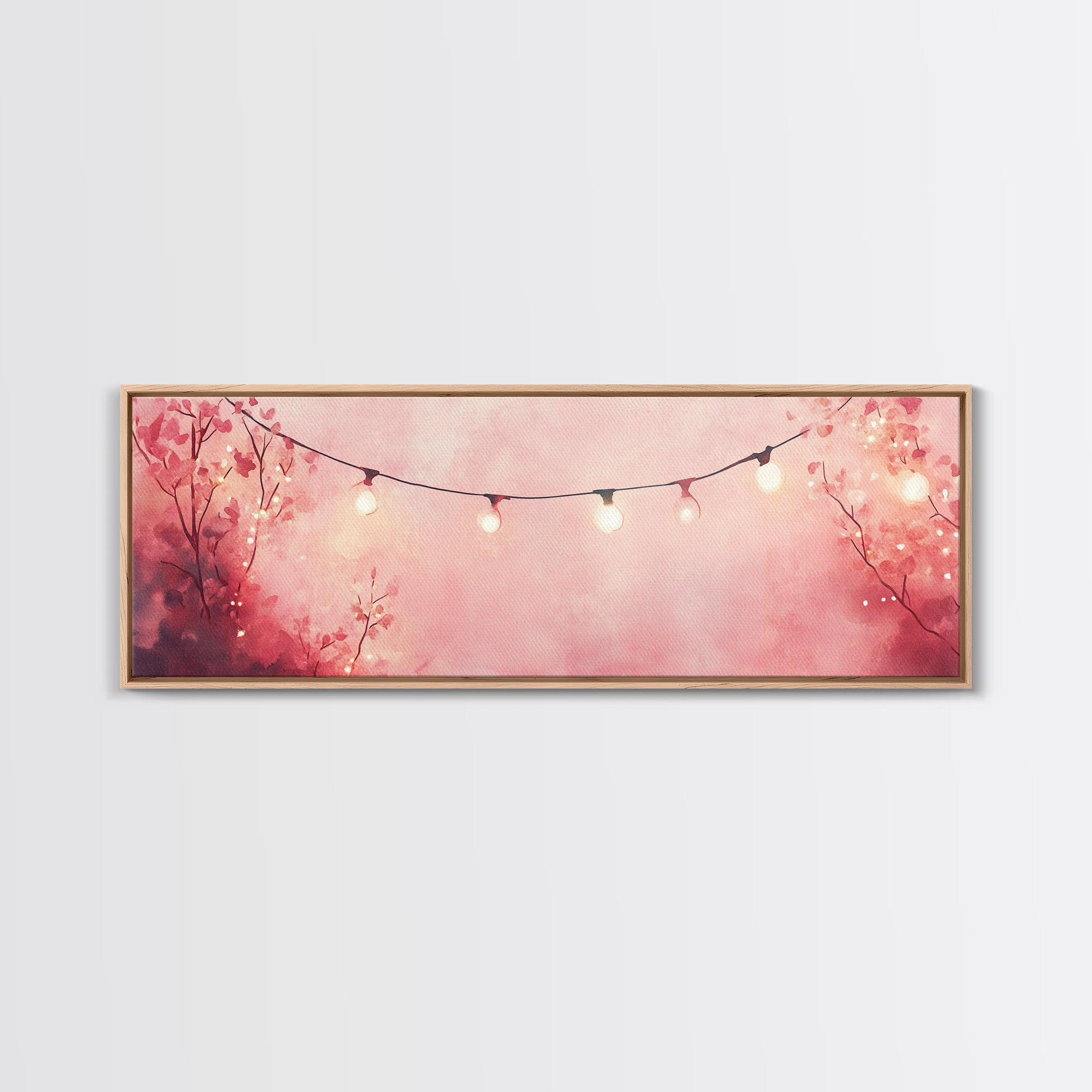 Pink Wall Art Framed Canvas Print with Fairy Lights in Blush Backdrop, Cottagecore Aesthetic, Horizontal Rustic Decor for Living Room