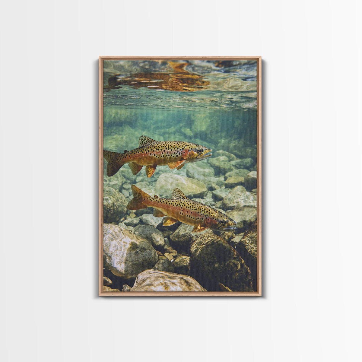 Vibrant Pair of Trout Framed Canvas Print Fly Fishing Art Rustic Wall Art Cottagecore Living Room Above Couch Cabin Decor