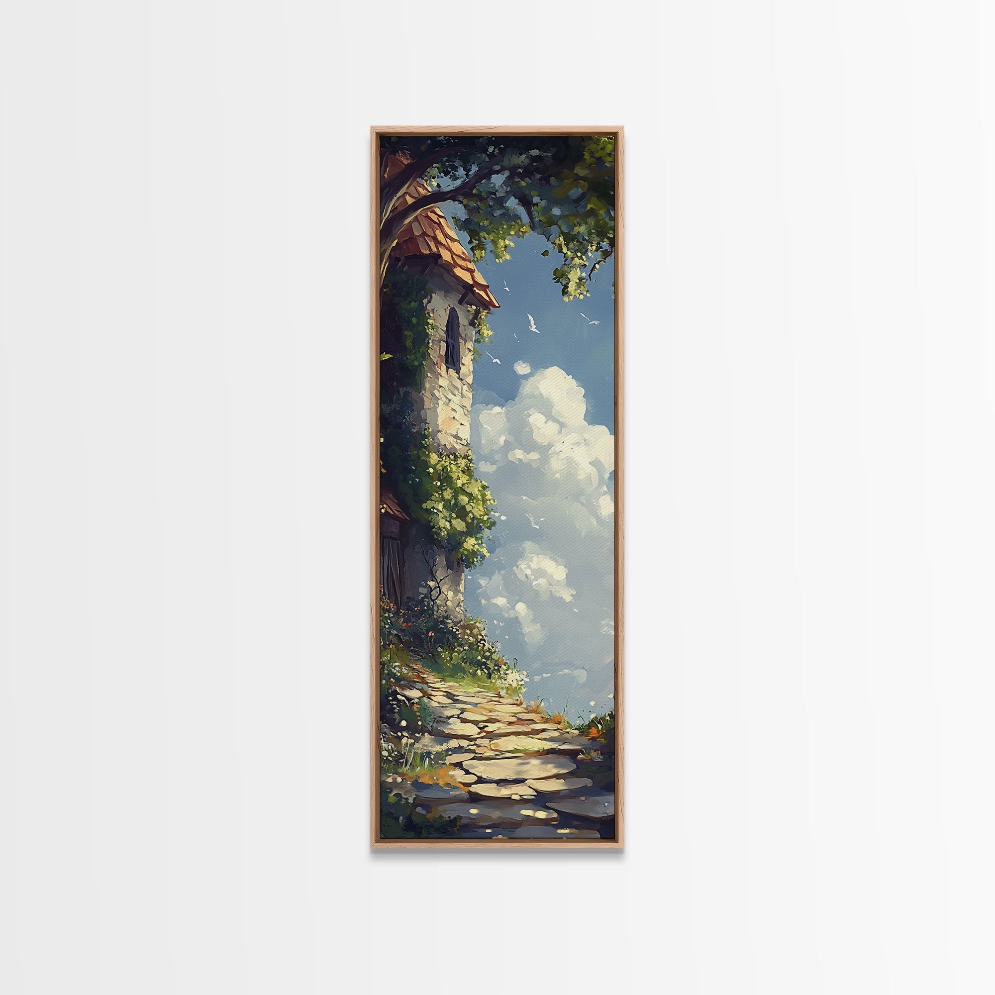 Cottage Tower, whimsical art, fairy tale painting, cottagecore wall art, rustic decor, framed canvas print, vertical wall art