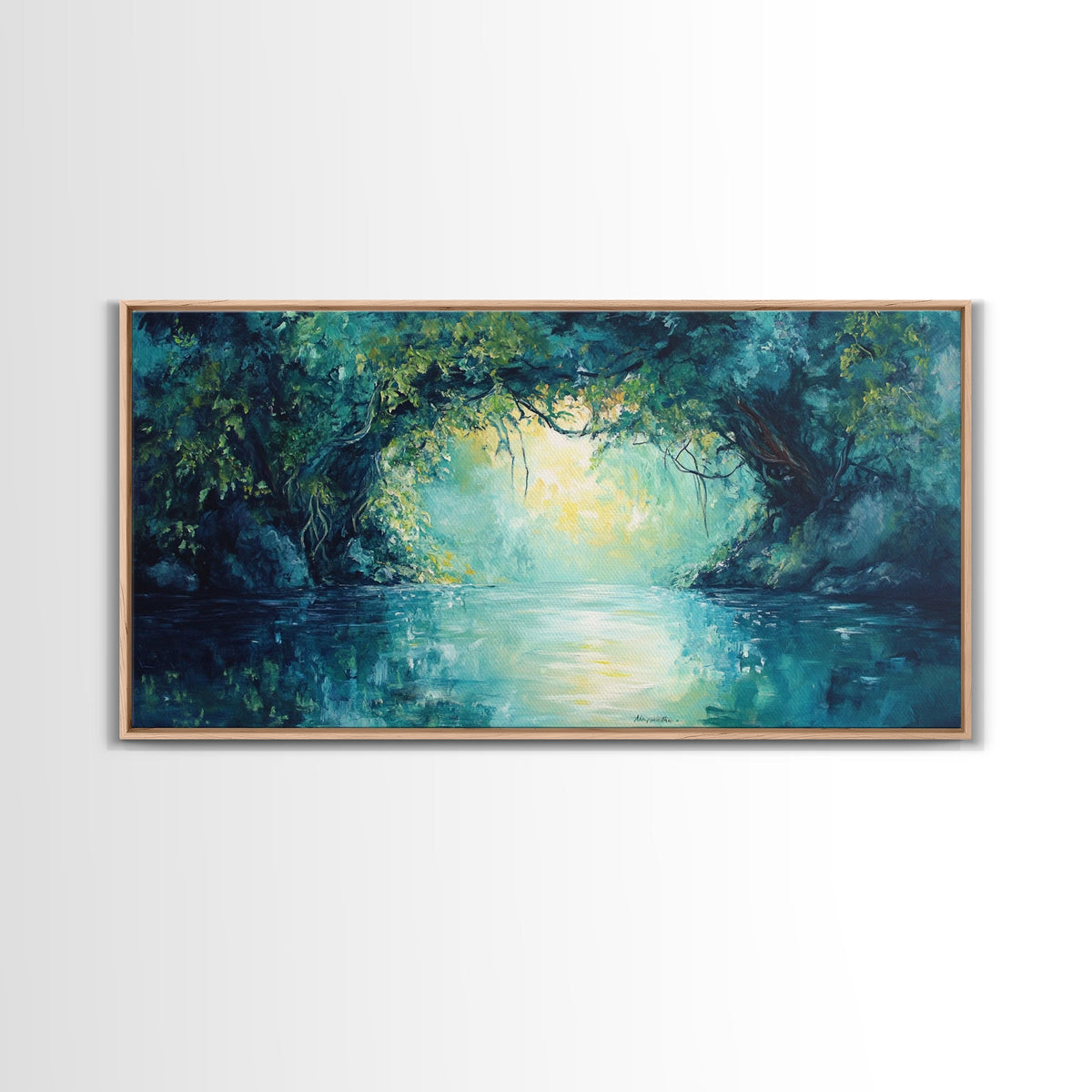 Mystical River, Framed Canvas Print, landscape painting, moody art, forest at dusk painting, teal wall art, extra wide art | | Wiccan Center