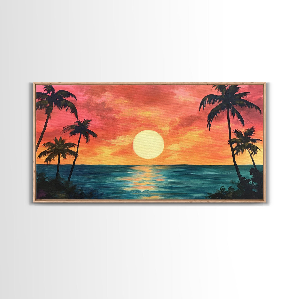 Tropical Sunset, Palm Tree Art, Coastal Cowgirl Wall Art, Hawaii Art, Ocean Landscape, Horizontal Wall Art, Framed Canvas Print | | Wiccan Center