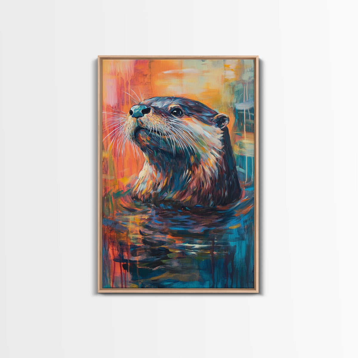 Otter Portrait, wildlife painting, whimsical art, blue and green wall art, Canvas Print, original painting, rustic wall art, gift idea