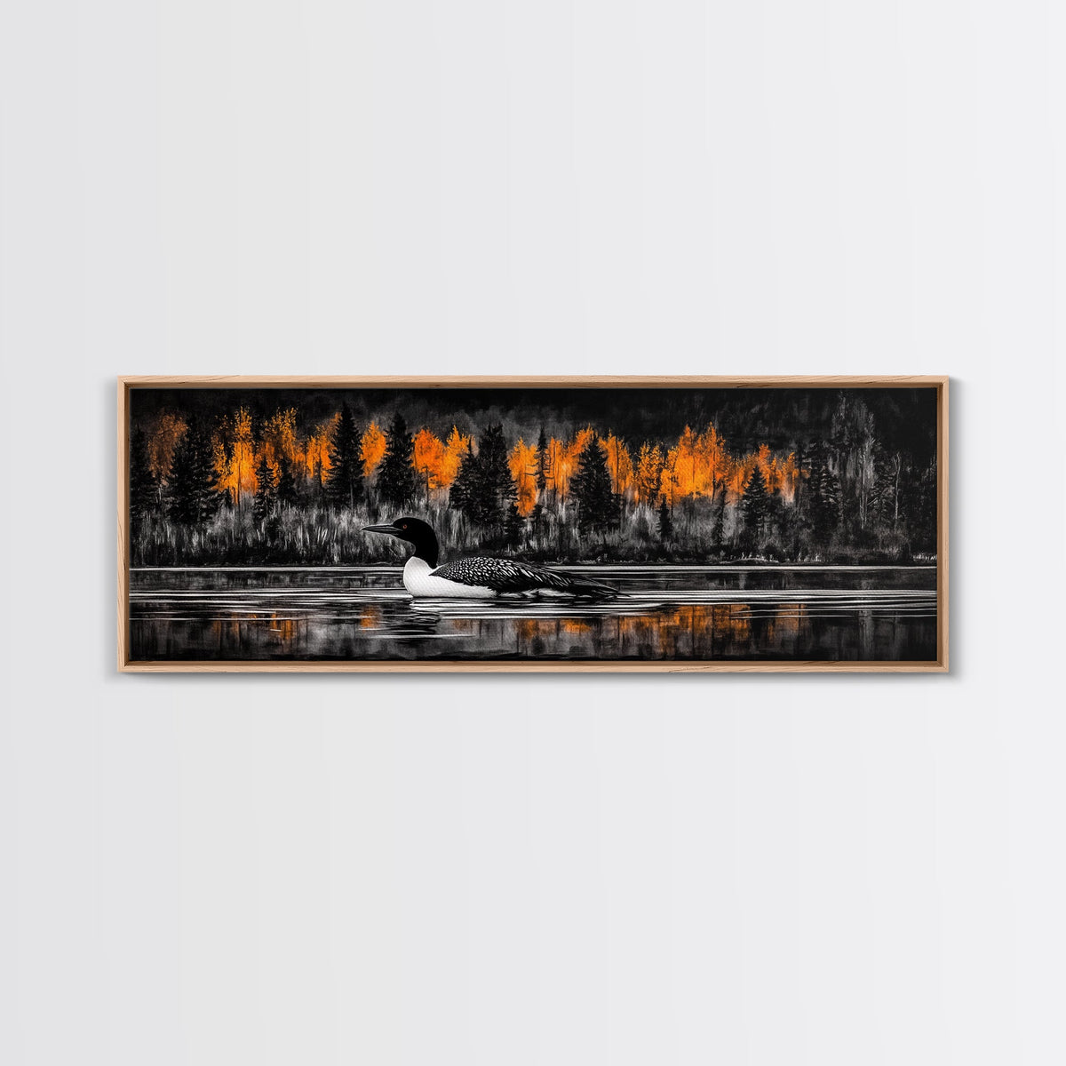 Autumn Lake, Wildlife Wall Art, Loon Bird Painting, Fall Nature Scene, Framed Canvas Print, Cabin Wall Art, Rustic Decor, Warm Fall Colors