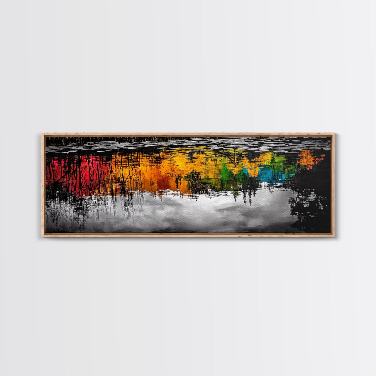 Colorful Reflection, Abstract Water Art, Nature Painting, Autumn Trees, Vibrant Colors, Black and White Contrast, Canvas Print | | Wiccan Center