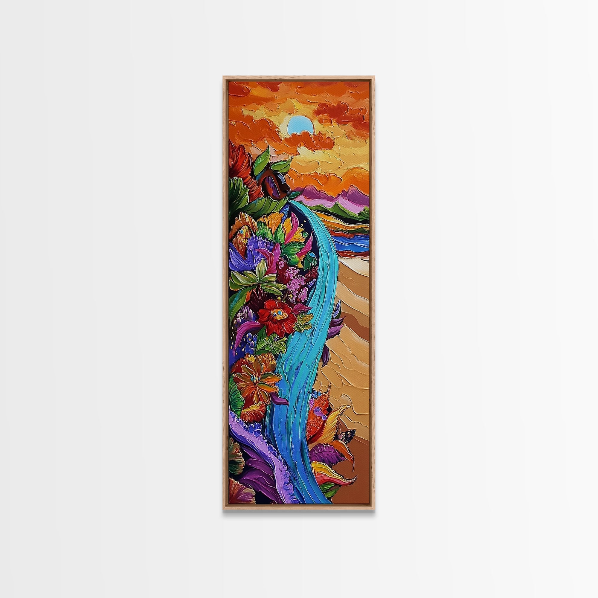 Sunset Waterfall, Floral Cliff, Magical River, Dreamy Boho Wall Art, Framed Canvas Print, Colorful Fall Living Room Decor