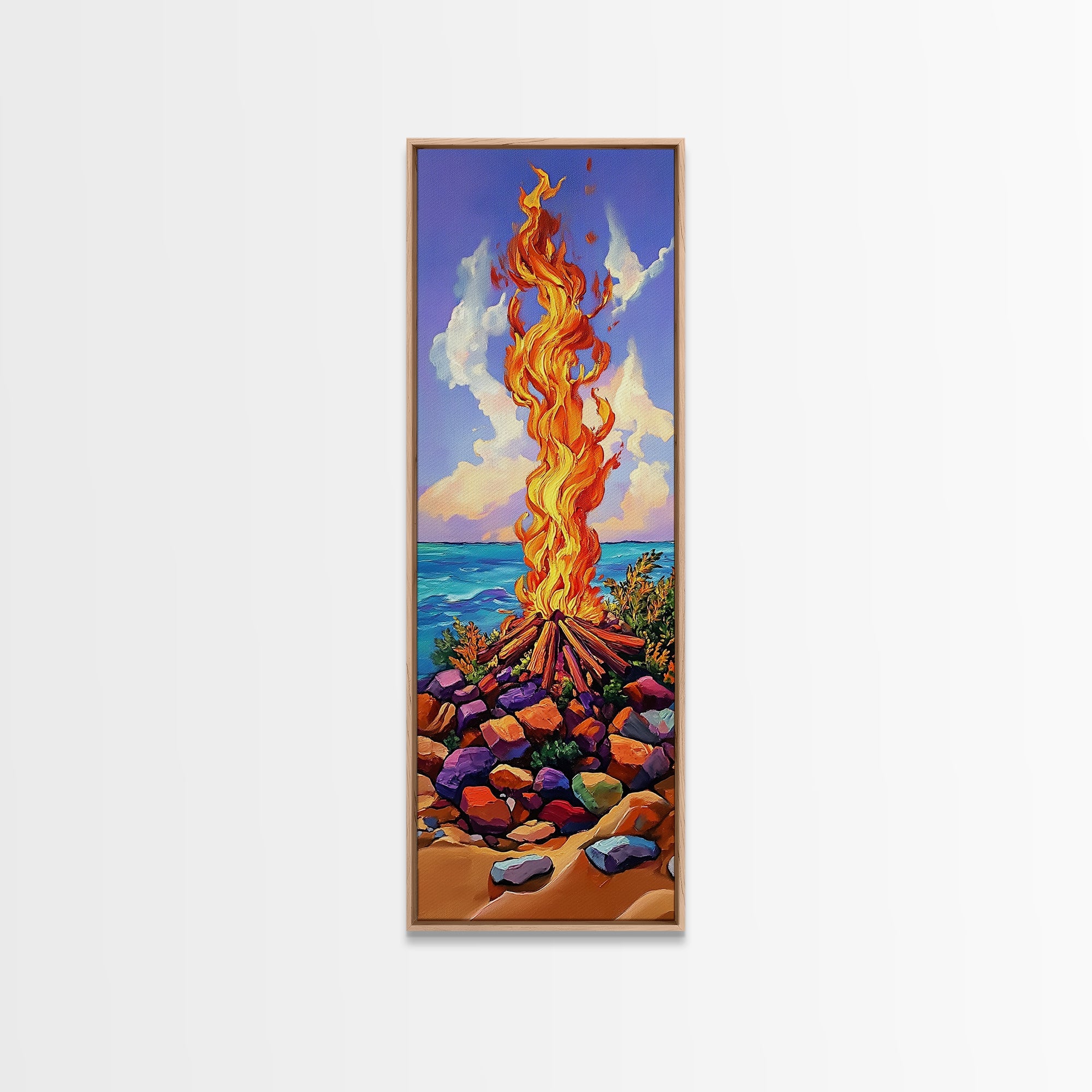 Campfire Ocean, Stones Sky – Coastal Bonfire Landscape, Colorful Nature Wall Art, Framed Canvas Print, Beach House or Cabin Decor | | Wiccan Center