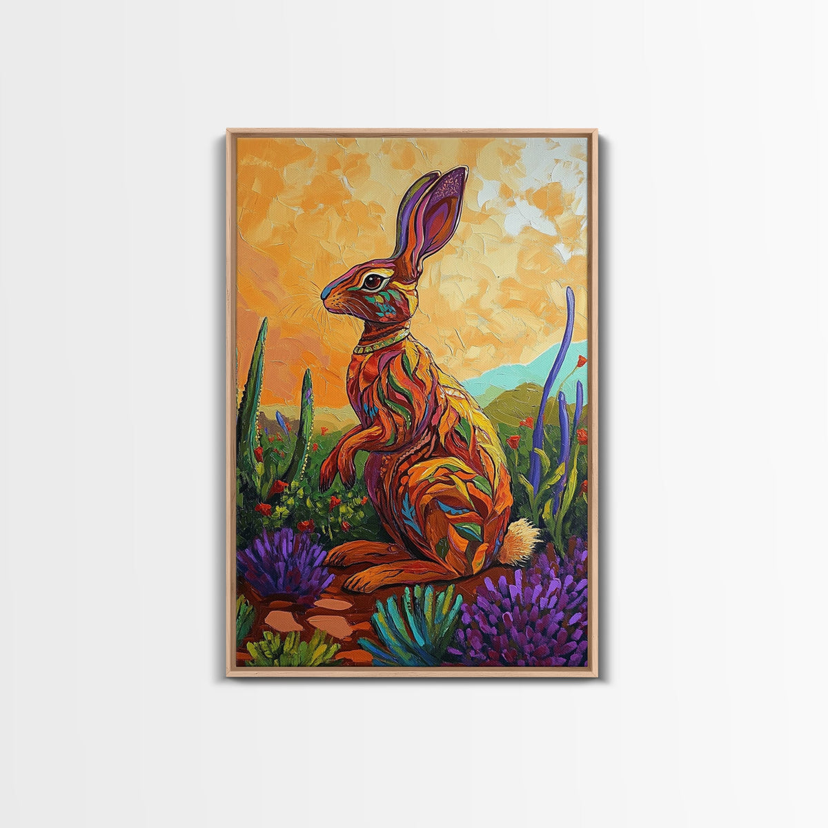 Bunny Cactus, Desert, Whimsical Framed Canvas Print, Eclectic Living Room Wall Art, Boho Southwest Decor, Colorful Animal Painting
