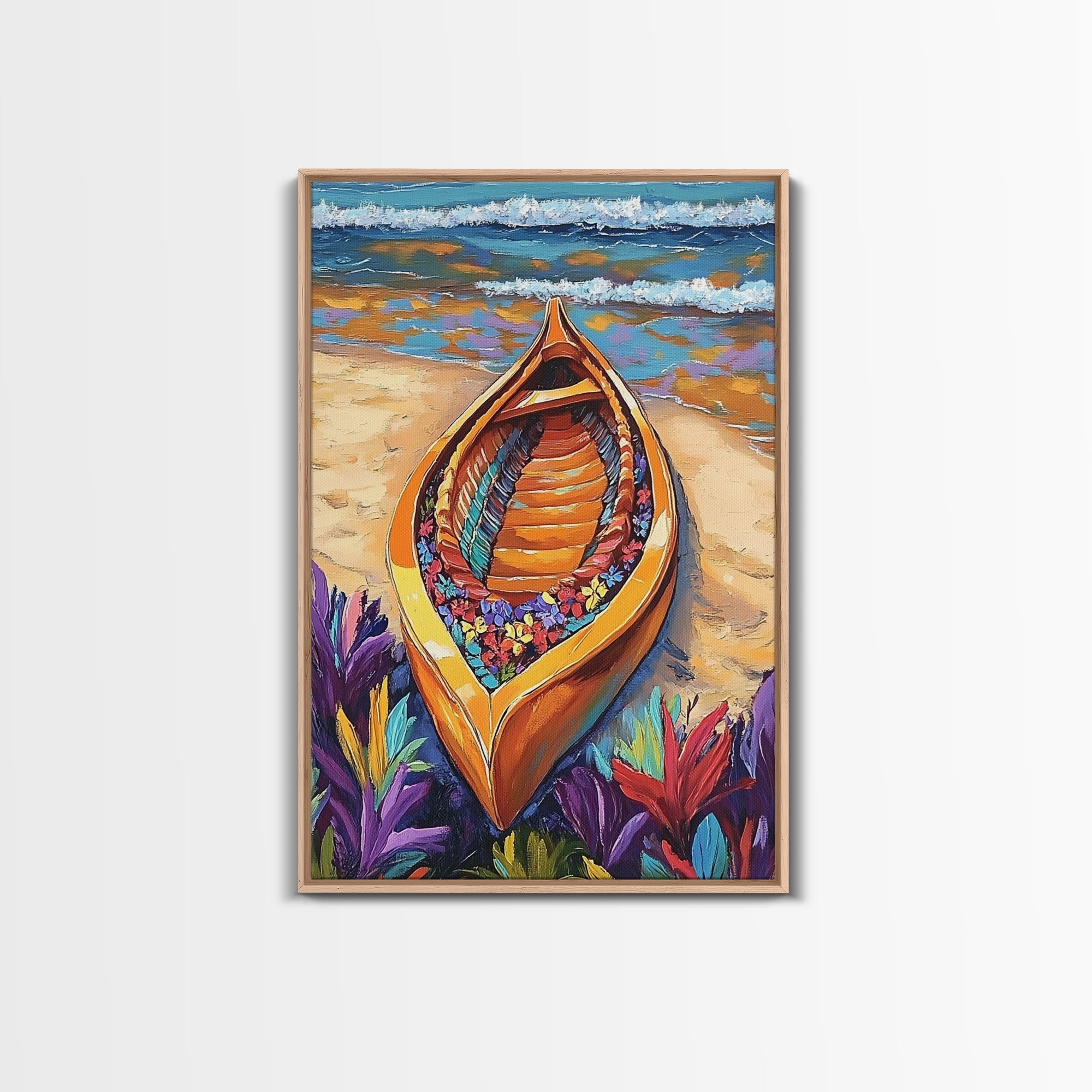 Flower Boat, Beach Magic, Vibrant Seashore, Tropical Joy, Canvas Print, Bathroom Wall Art, Nautical Decor, Bold Beach Colors, Boho Art