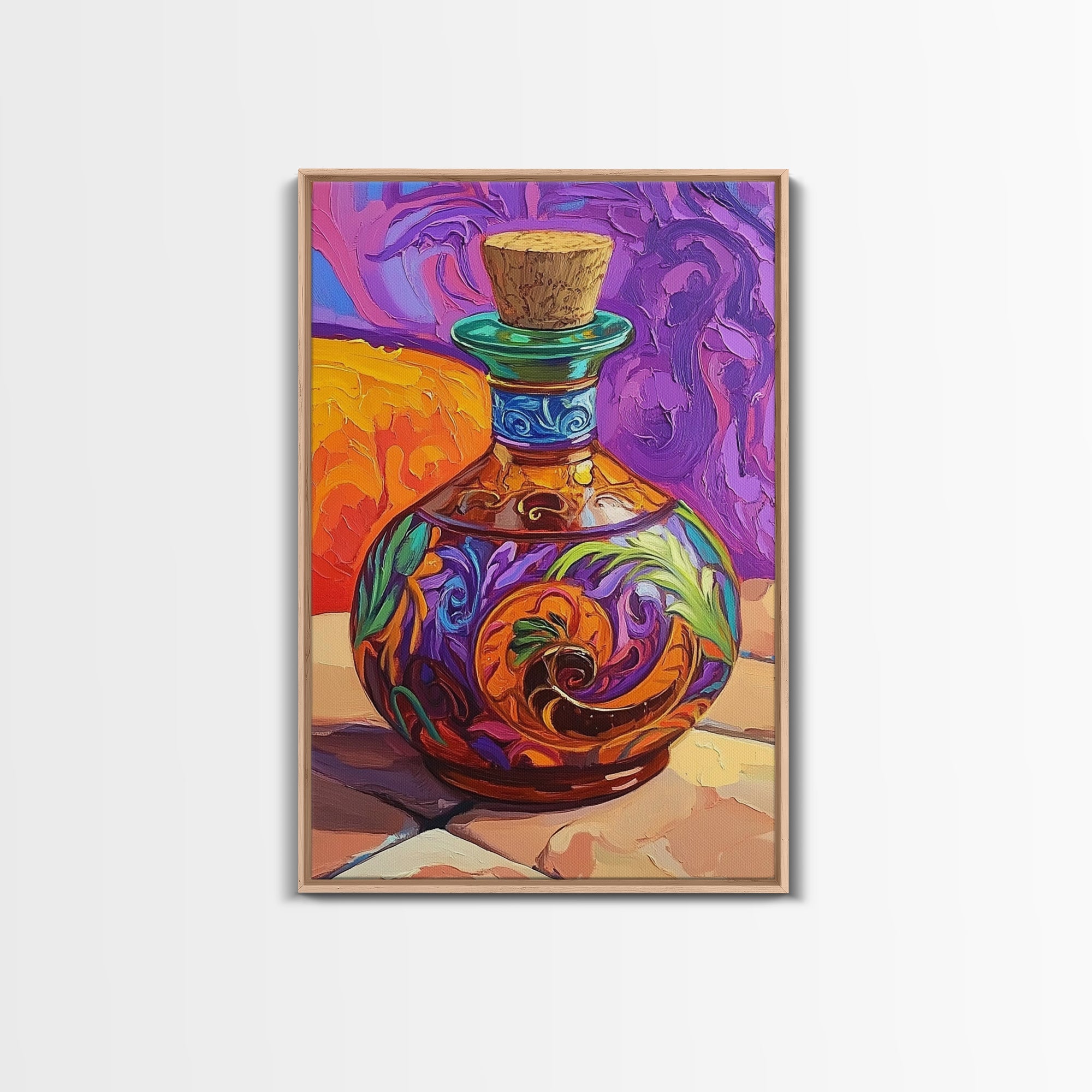 Ornate Potion Bottle, Fantasy Glass Art, Vibrant Color Decor, Framed Canvas Print, Whimsical Kitchen Wall Art, Magic Home Accent