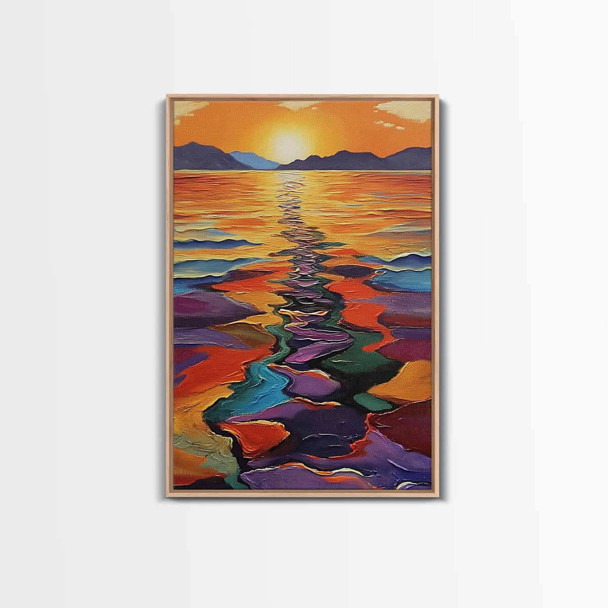 Sunset Reflection, Colorful Waters, Abstract Shoreline, Mountains — Framed Canvas Print modern abstract beach painting, bold hallway decor | | Wiccan Center