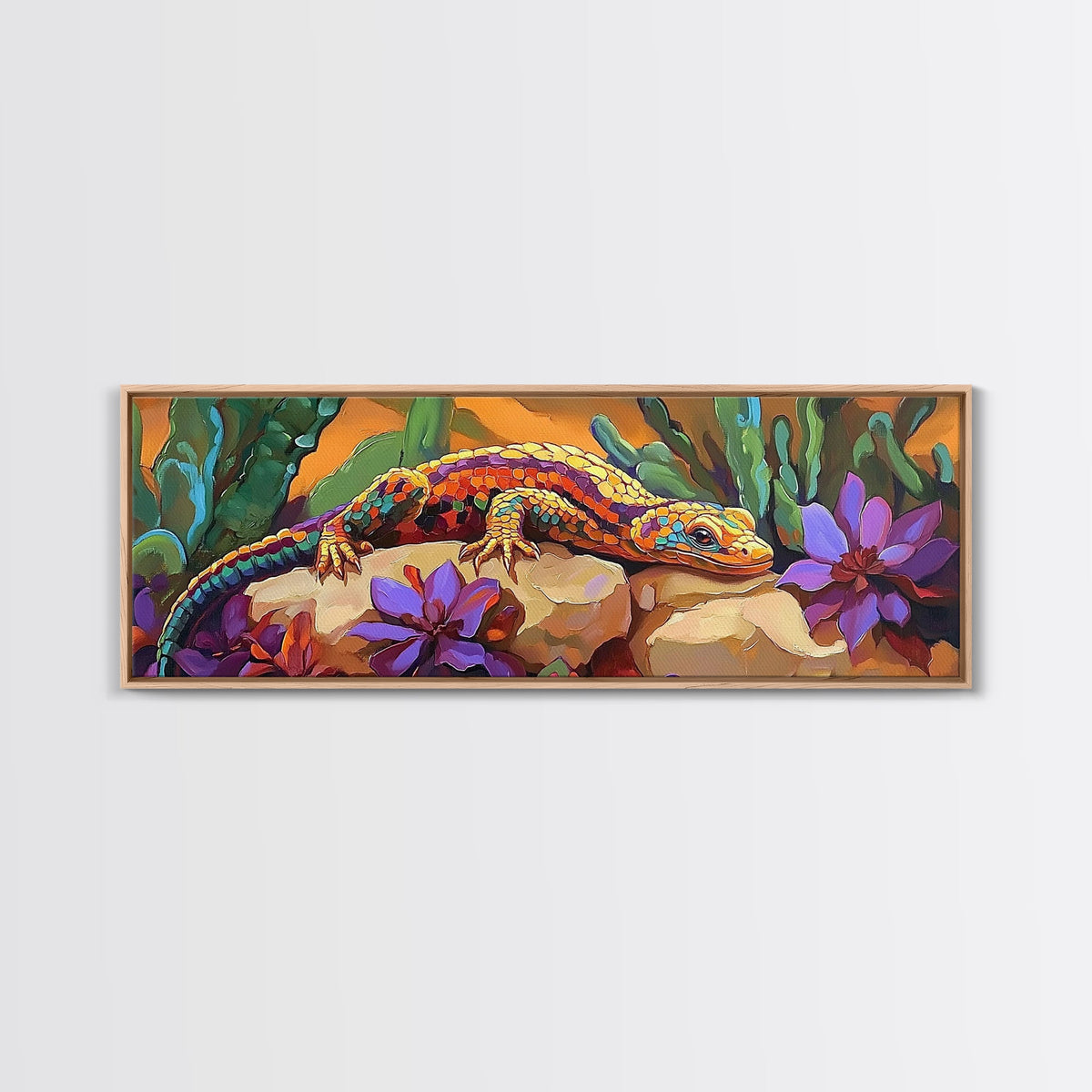 Vibrant Lizard Art, Desert Gecko Painting, Succulent Garden Colors, Framed Canvas Print, Eclectic Kitchen Wall Decor, Animal Art