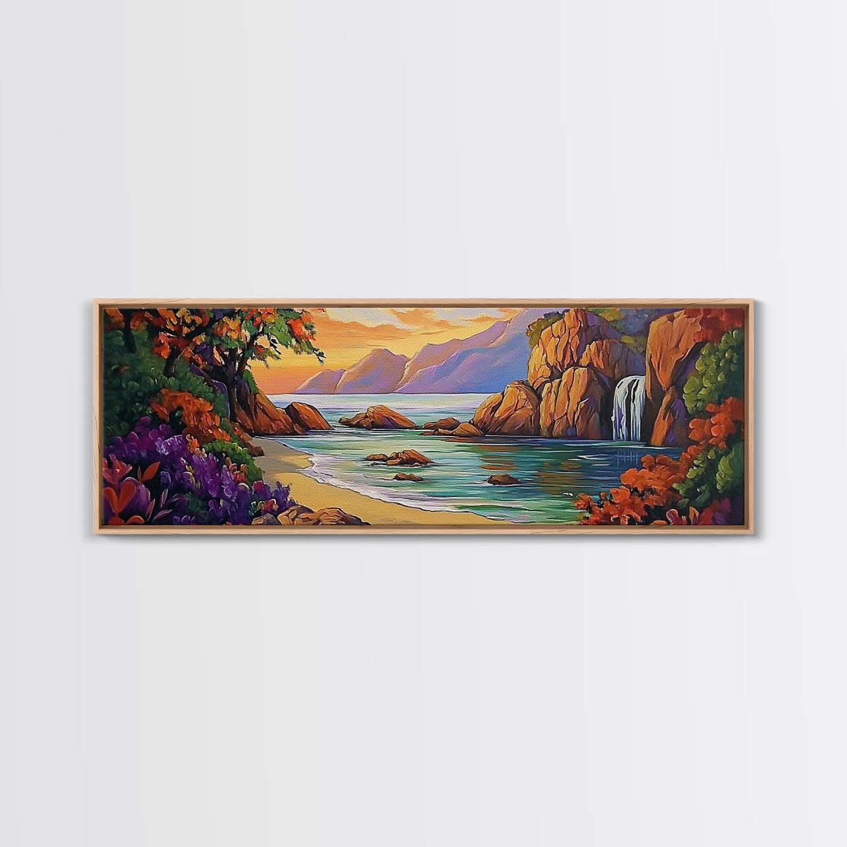 Waterfall Cove, Sunset Seascape, Tropical Paradise, Nature Retreat, Framed Canvas Print, Bathroom Wall Art, Vibrant Coastal Art | | Wiccan Center