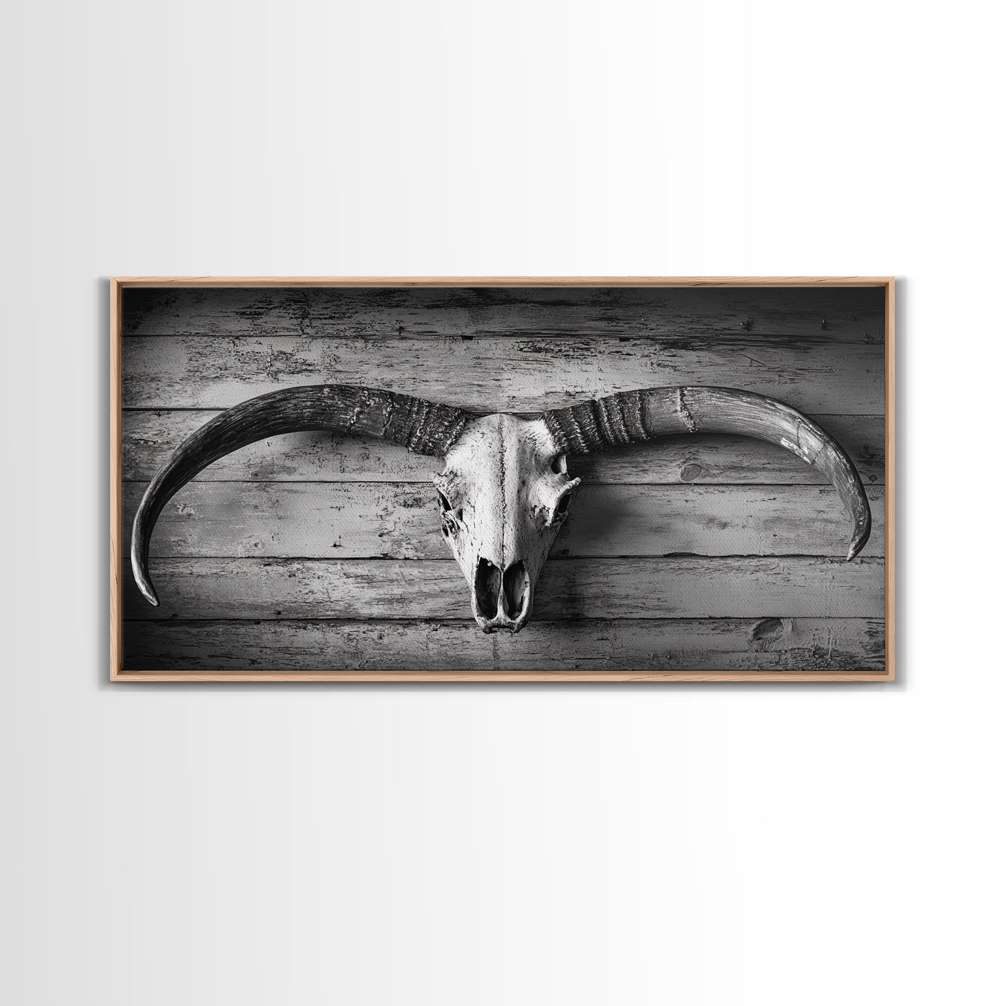 Bull Skull, Rustic Horns, Western Cabin Decor, Weathered Wood, Framed Canvas Print, Farmhouse Wall Art, Cowboy Office Decor, Rustic Wall Art | | Wiccan Center