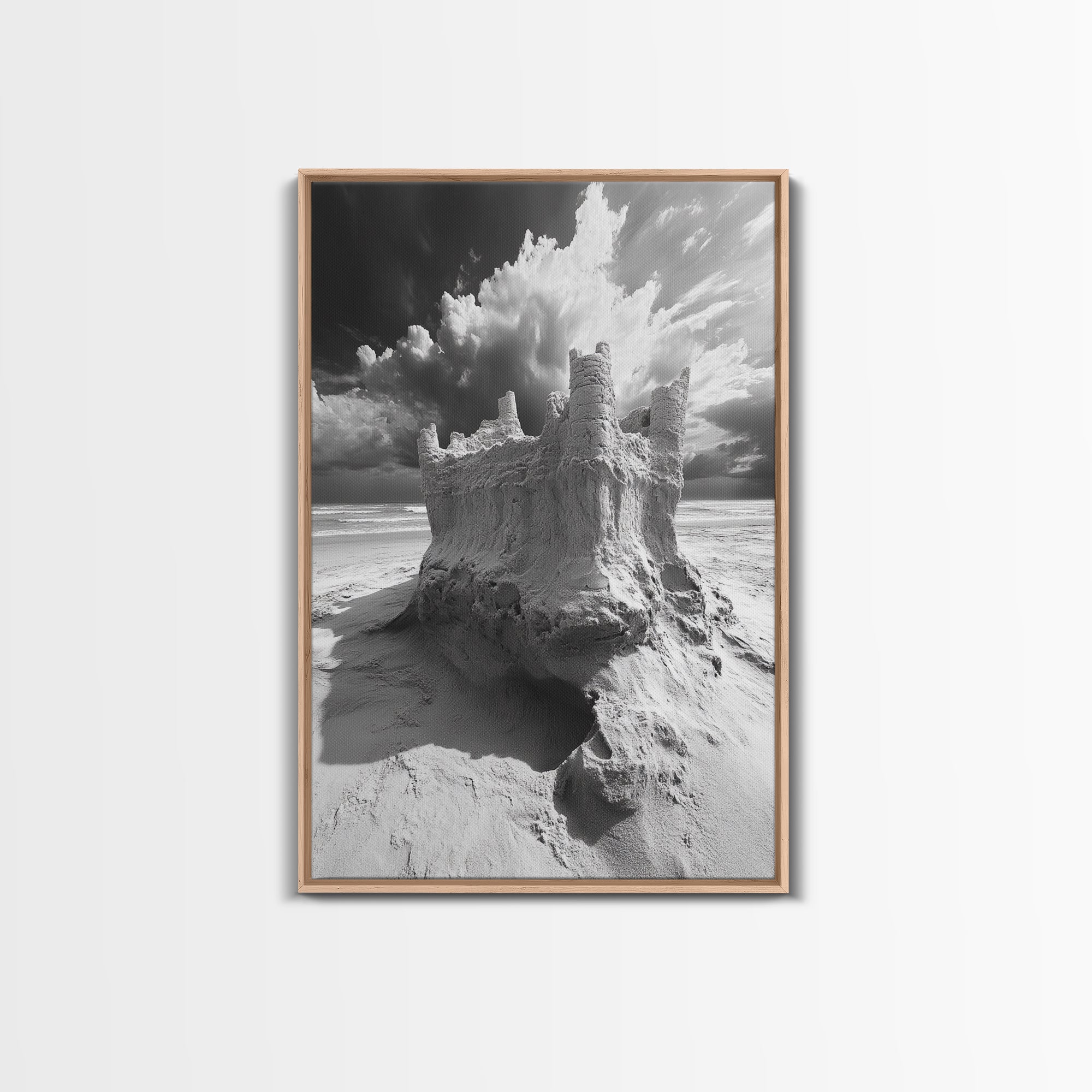 Sand Castle, Beach Fantasy, Dramatic Sky, Coastal Fortress, Framed Canvas Print, whimsical decor, kids room wall art, fairytale beach scene