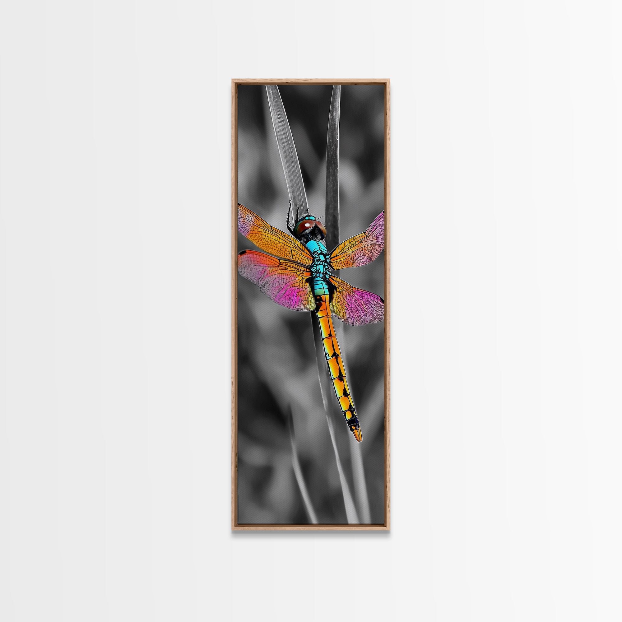 Vibrant Dragonfly, Garden Magic, Wing Detail, Nature Art – Framed Canvas Print, Living Room Wall Art, Botanical Decor, Color Pop Artwork