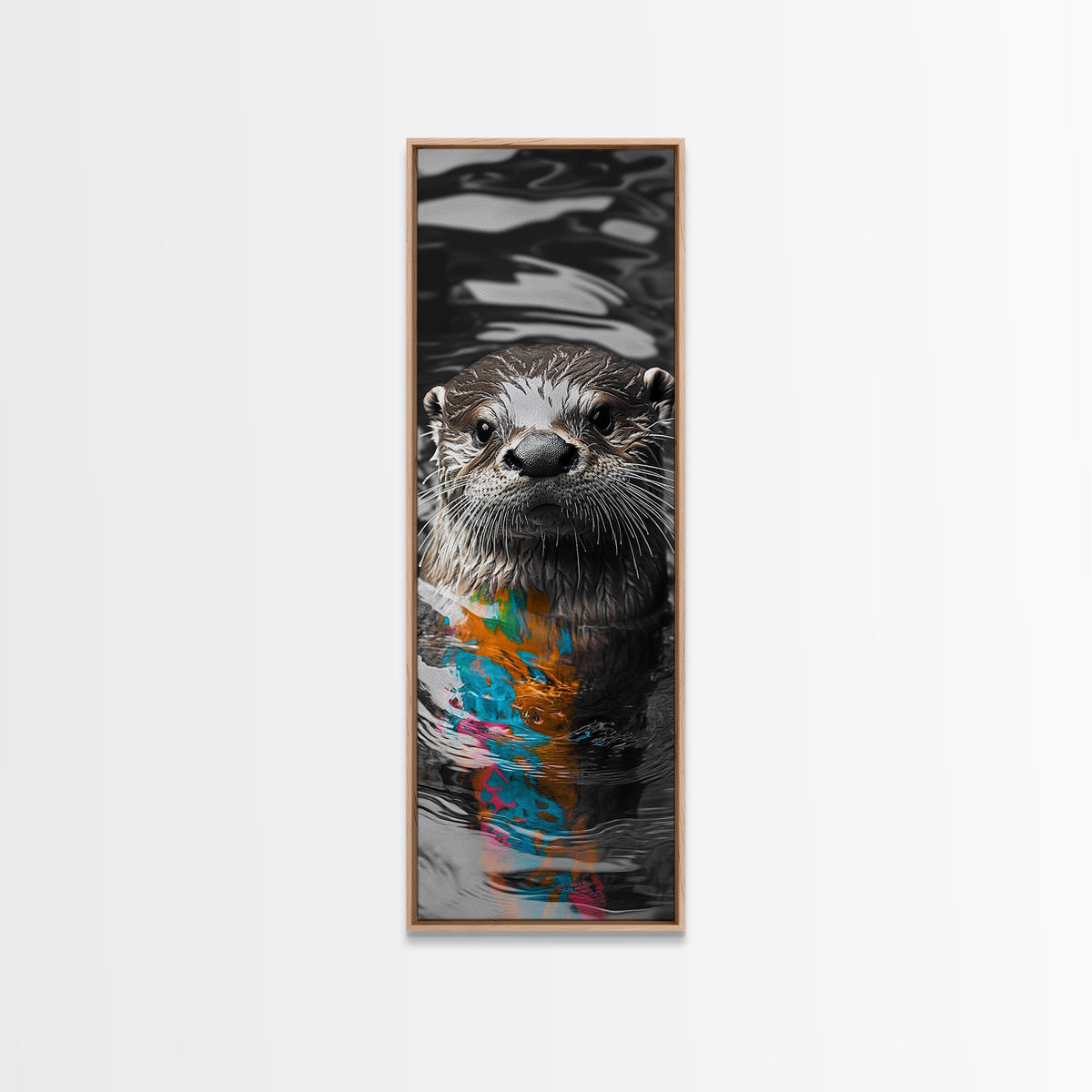 Otter Portrait, Water Reflection, Color Splash, Framed Canvas Print, Bathroom Wall Art, Modern Nature Decor, Animal Lover Gift