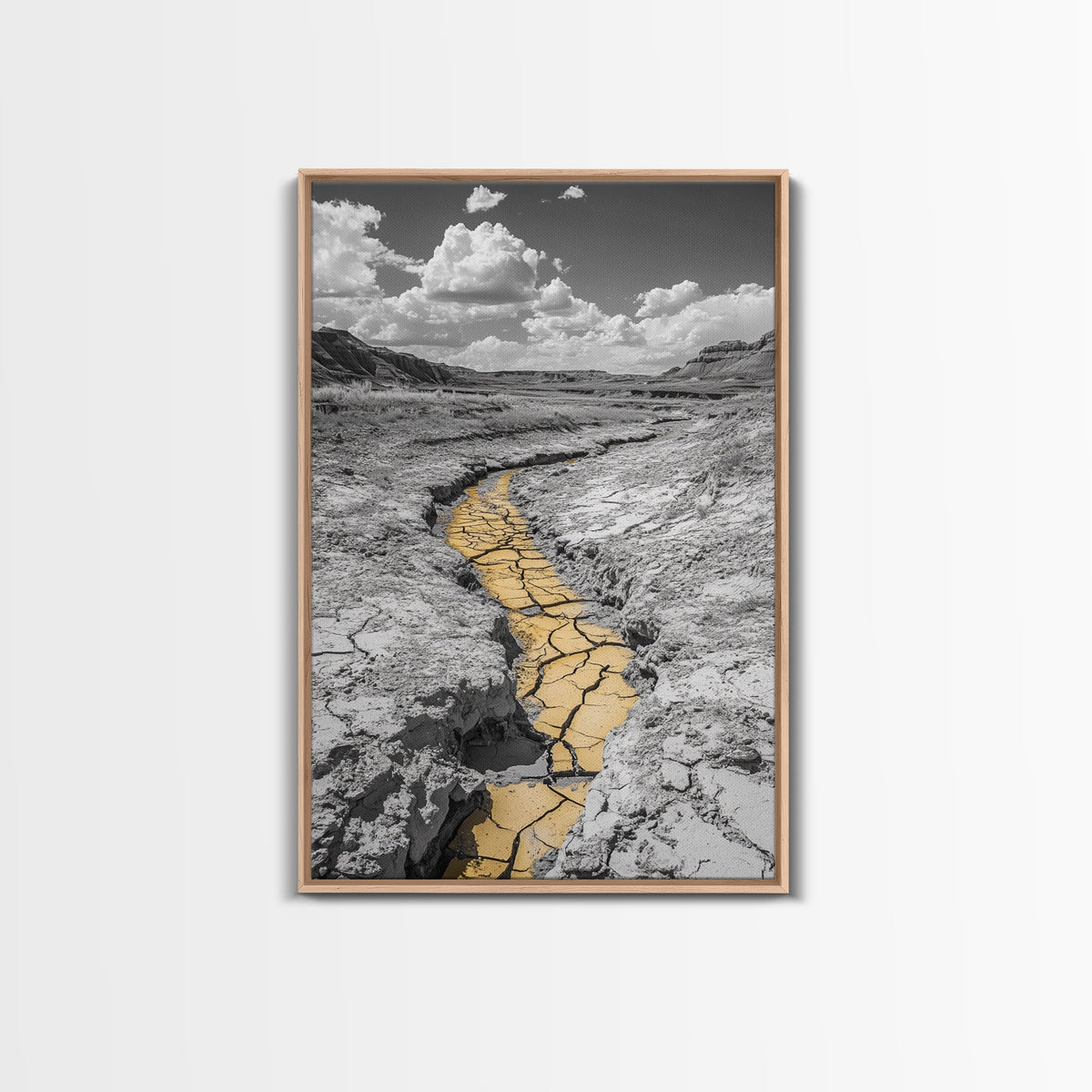 Desert Riverbed, Yellow Crack Trail, Dry Earth Path, Framed Canvas Print, Southwestern Wall Art, Minimalist Nature Decor, Earth Tone Style | | Wiccan Center