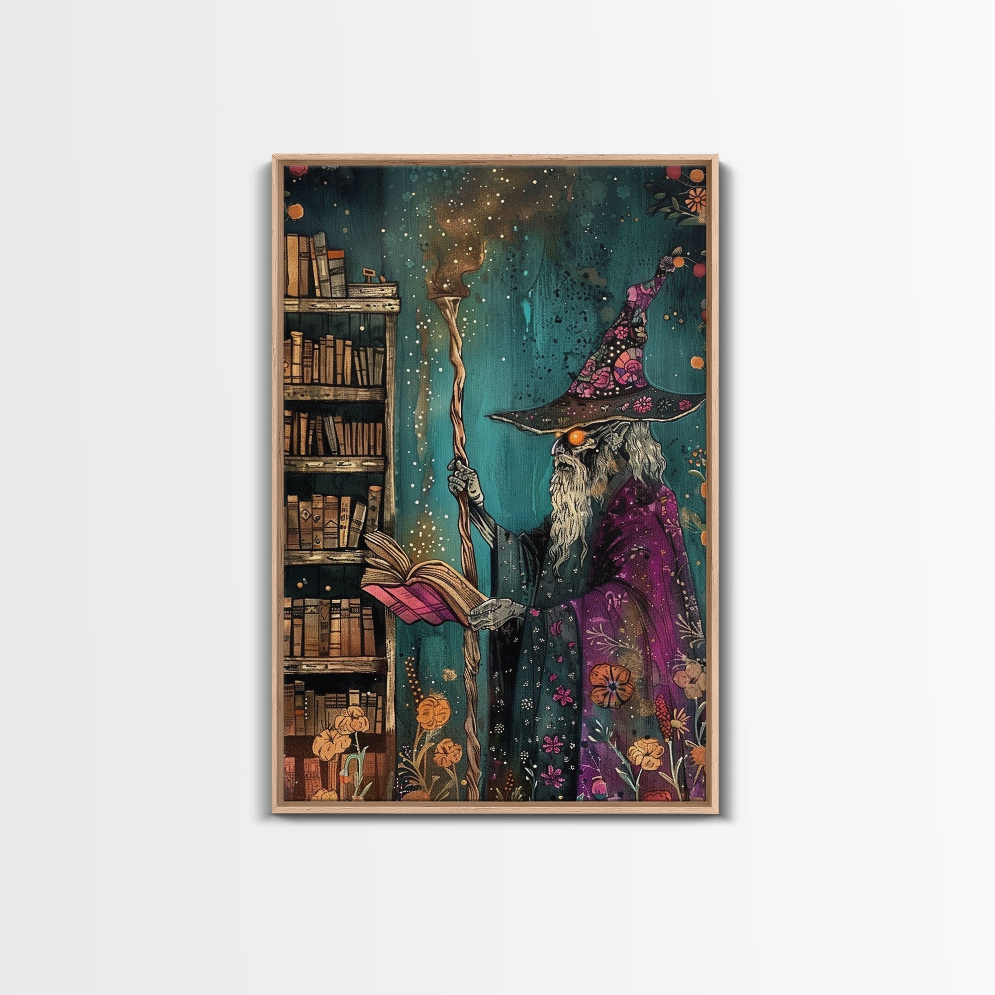 Halloween Eerie Wizard in Haunted Library Framed Canvas Print, Gothic Wall Art, Home Decor, Witchcraft Decor, Gift Idea, Enchanted Study | | Wiccan Center