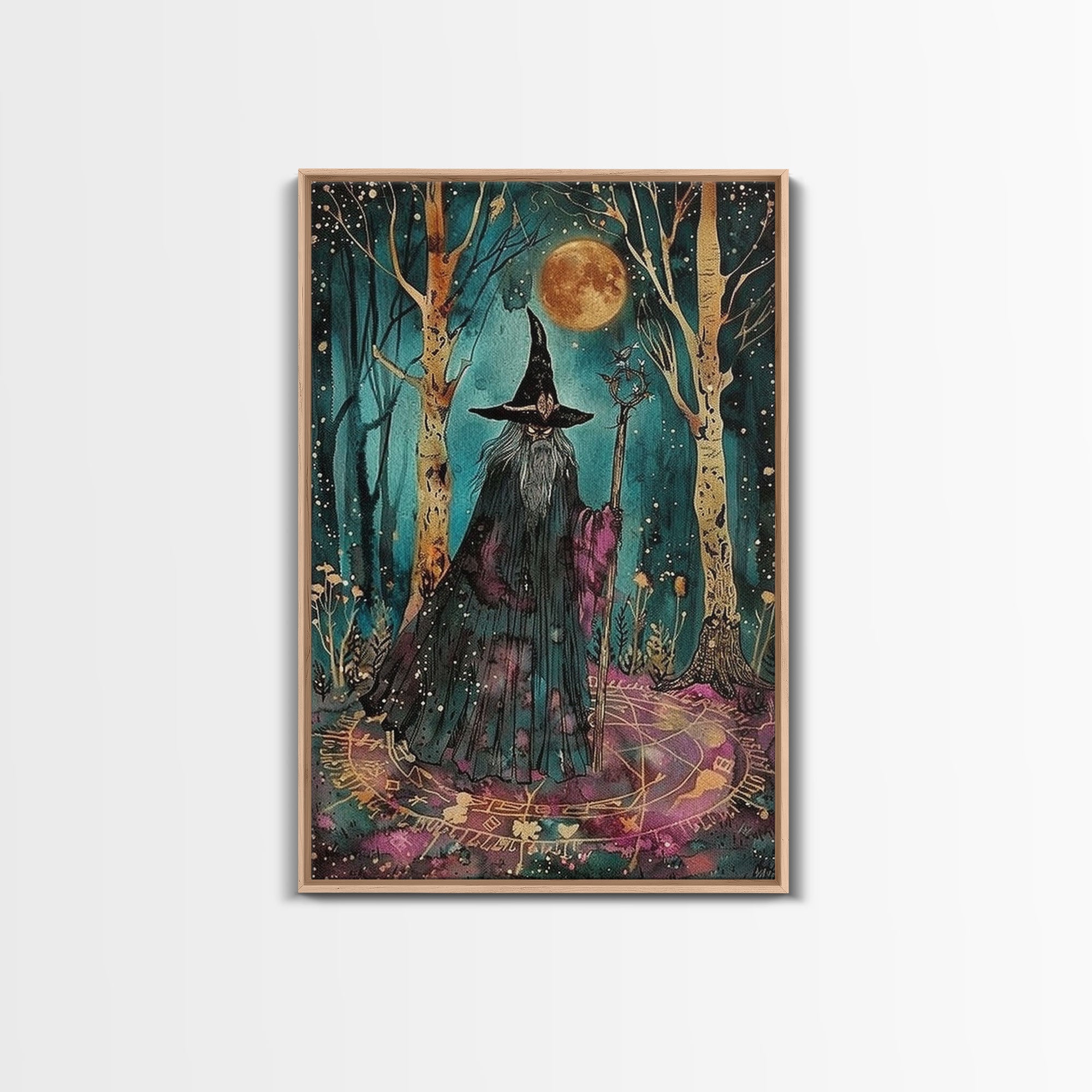 Halloween Wizard in Forest, Framed Canvas Print, Wall Art, Home Decor, Spooky Artwork, Magic Decor, Halloween Decor Painting, Holiday Decor | | Wiccan Center