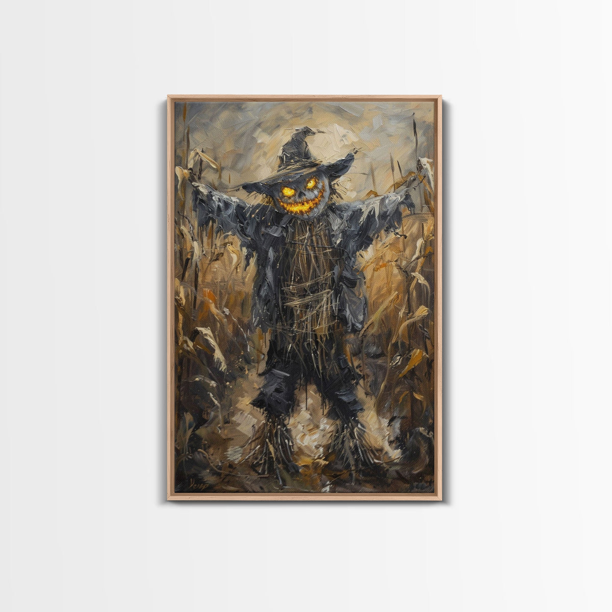 Sinister Scarecrow in Cornfield Framed Canvas Print | Halloween Horror Art | Spooky Farm Art | Creepy Scarecrow Art for Home Decoration | | Wiccan Center