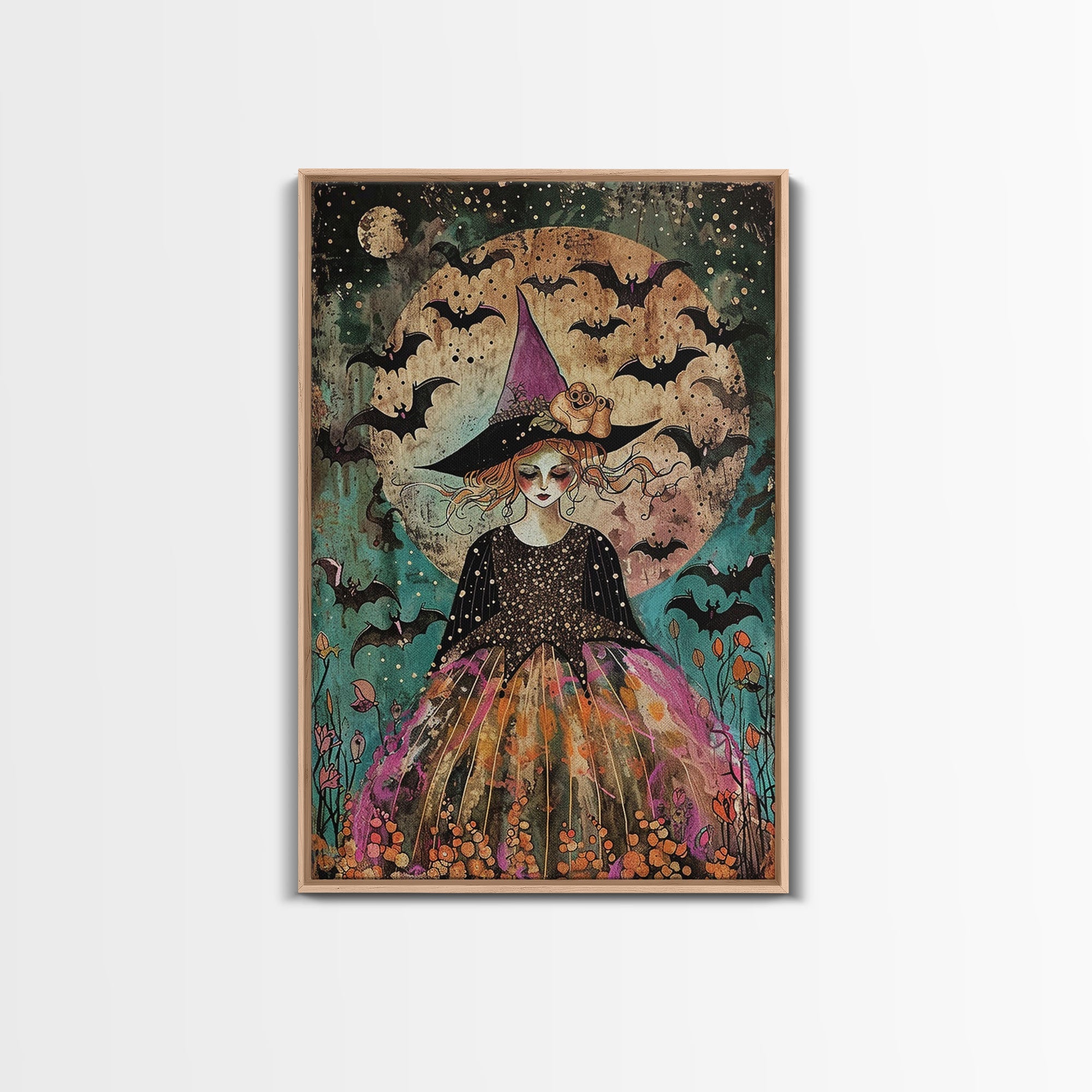Whimsical Witch with Bats Under Full Moon, Framed Canvas Print, Spooky Halloween Art, Witch Decor, Magical Night, Enchanted Home Decor | | Wiccan Center