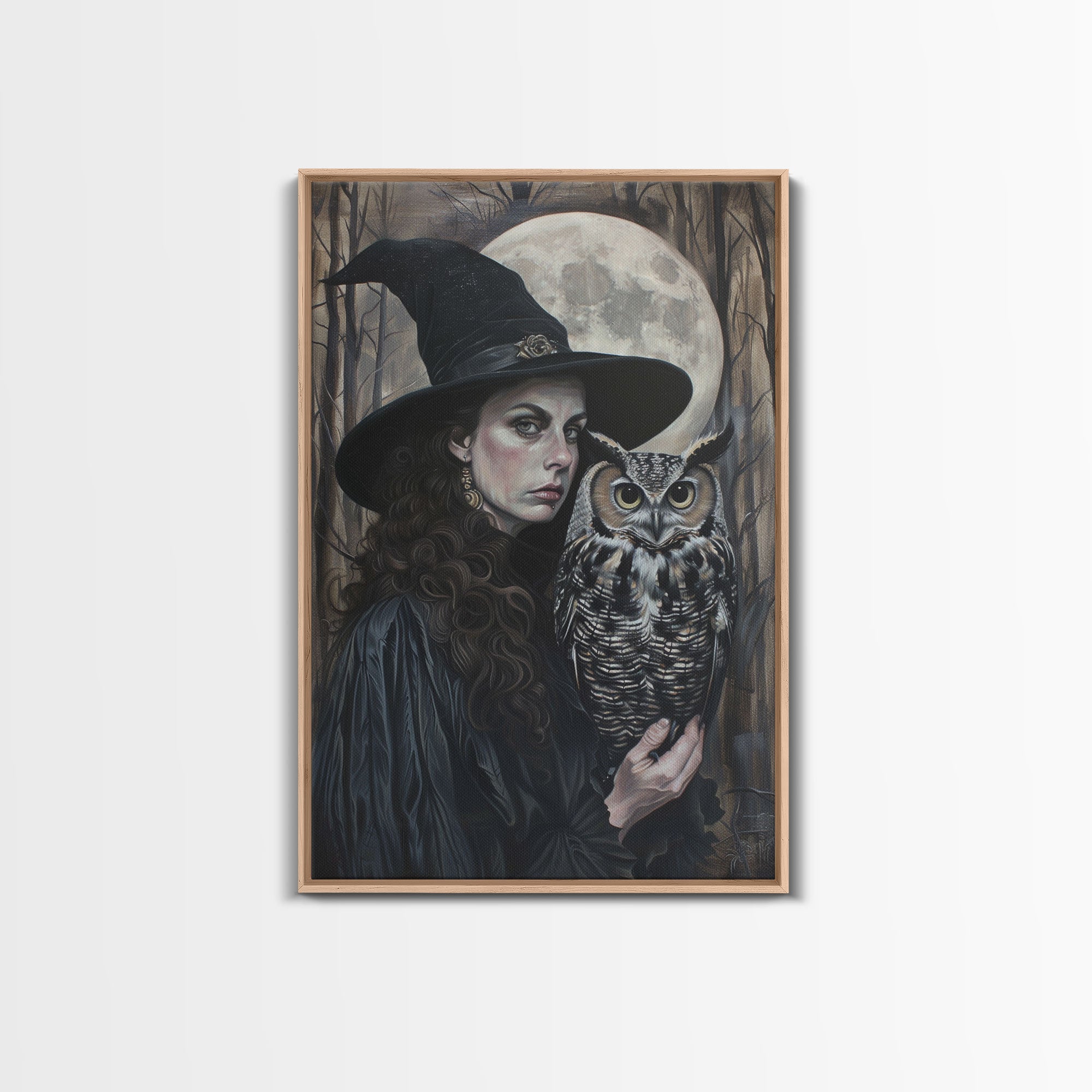 Witch with Wise Owl Under Full Moon, Framed Canvas Print, Mystical Witchcraft Art, Witch and Owl, Spooky Home Decor, Halloween Wall Art | | Wiccan Center