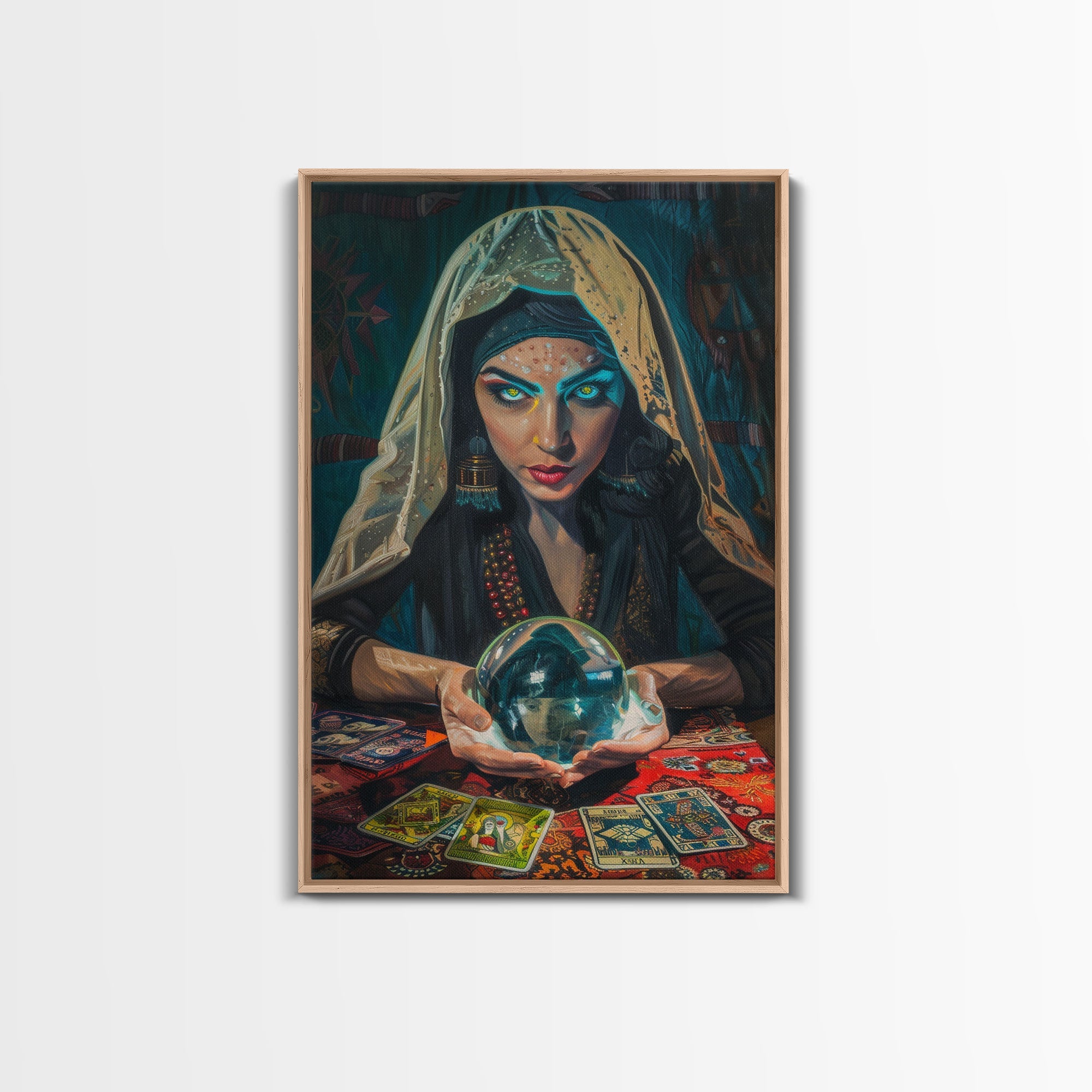 Enchanting Fortune Teller with Crystal Ball Under Moonlight - Mystical Witchcraft Framed Canvas Print, Halloween Gothic Home Decor | | Wiccan Center