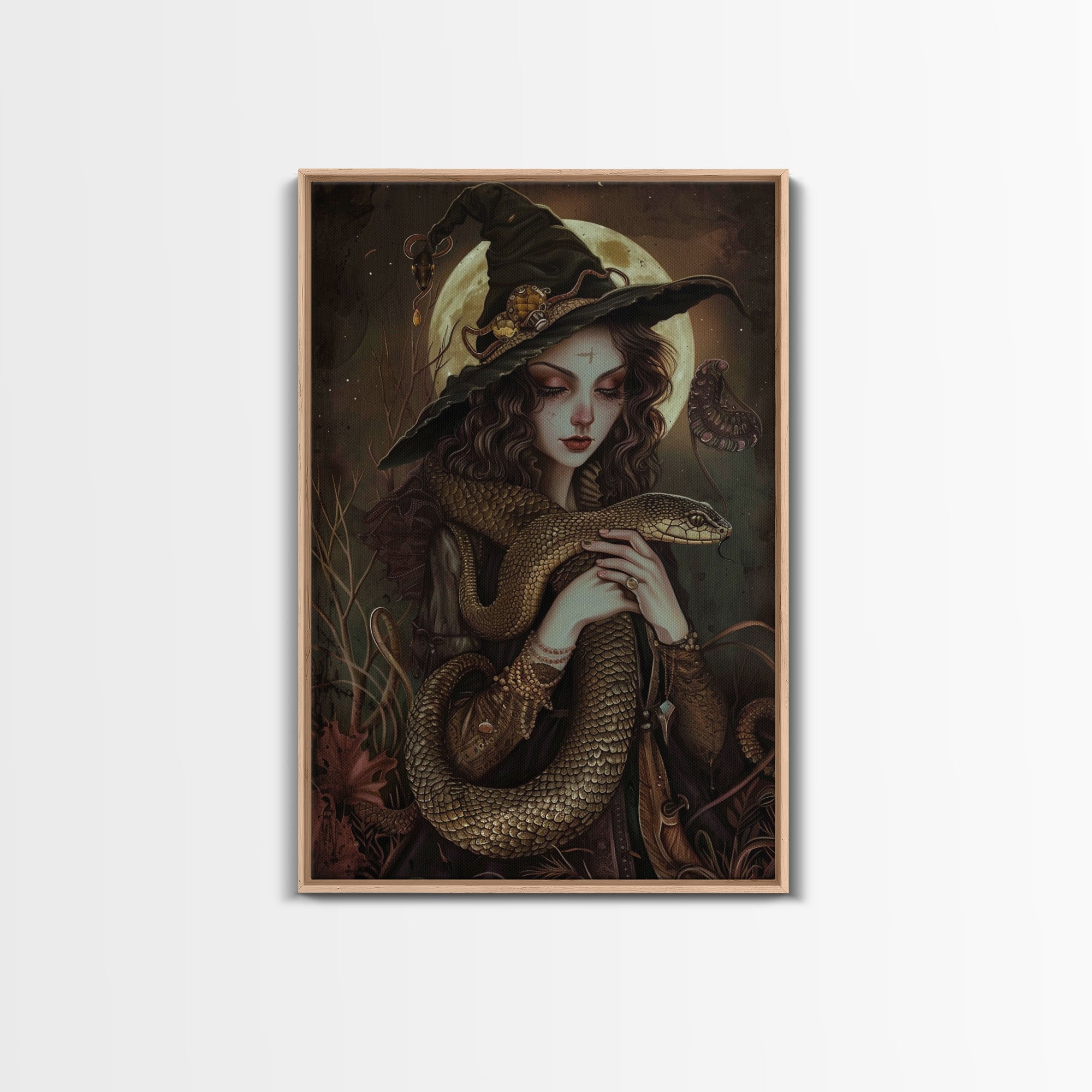 Witch Holding Snake under Full Moon - Dark Forest Sorcery Gothic Art Framed Canvas Print, Halloween Witchy Decor