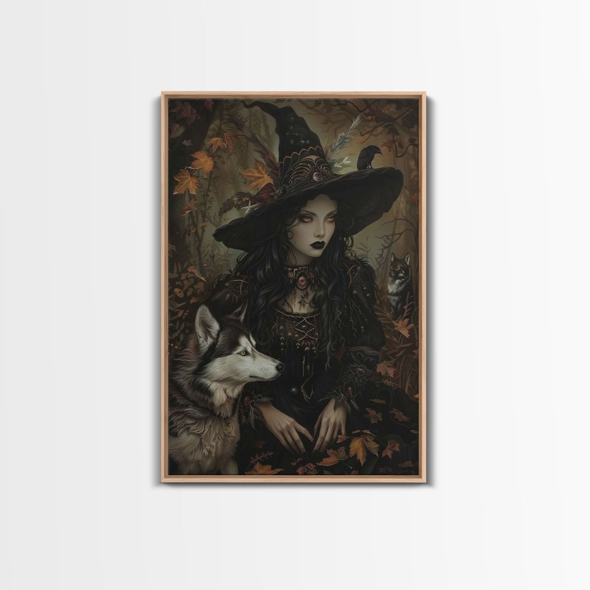 Witch with Wolves in Enchanted Forest - Dark Sorcery Mystical Art Framed Canvas Print, Halloween Gothic Decor | | Wiccan Center