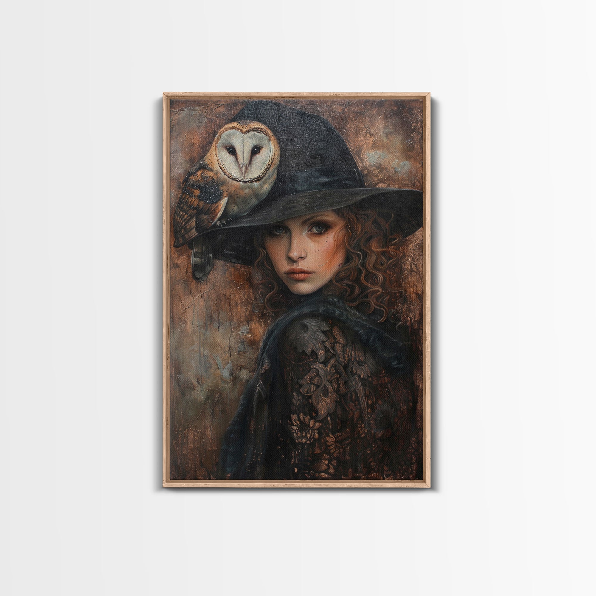 Witch with Crow in Spooky Forest - Halloween Art, Gothic Art, Spooky Decor, Dark Magic Art, Mysterious Portrait, Framed Canvas Print | | Wiccan Center