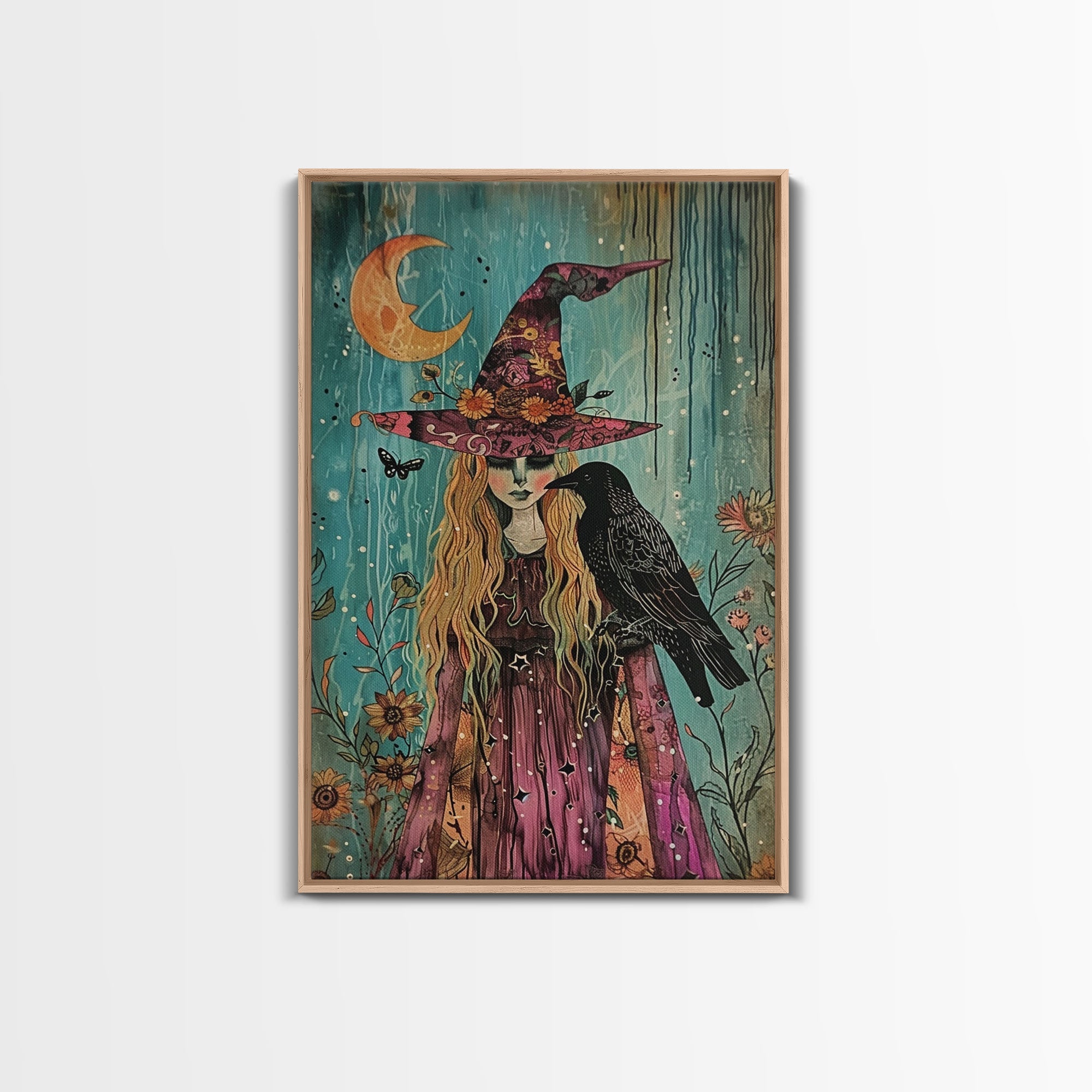 Witch with Owl in Magical Forest - Halloween Art, Gothic Art, Spooky Decor, Dark Magic Art, Enchanted Woods, Framed Canvas Print | | Wiccan Center