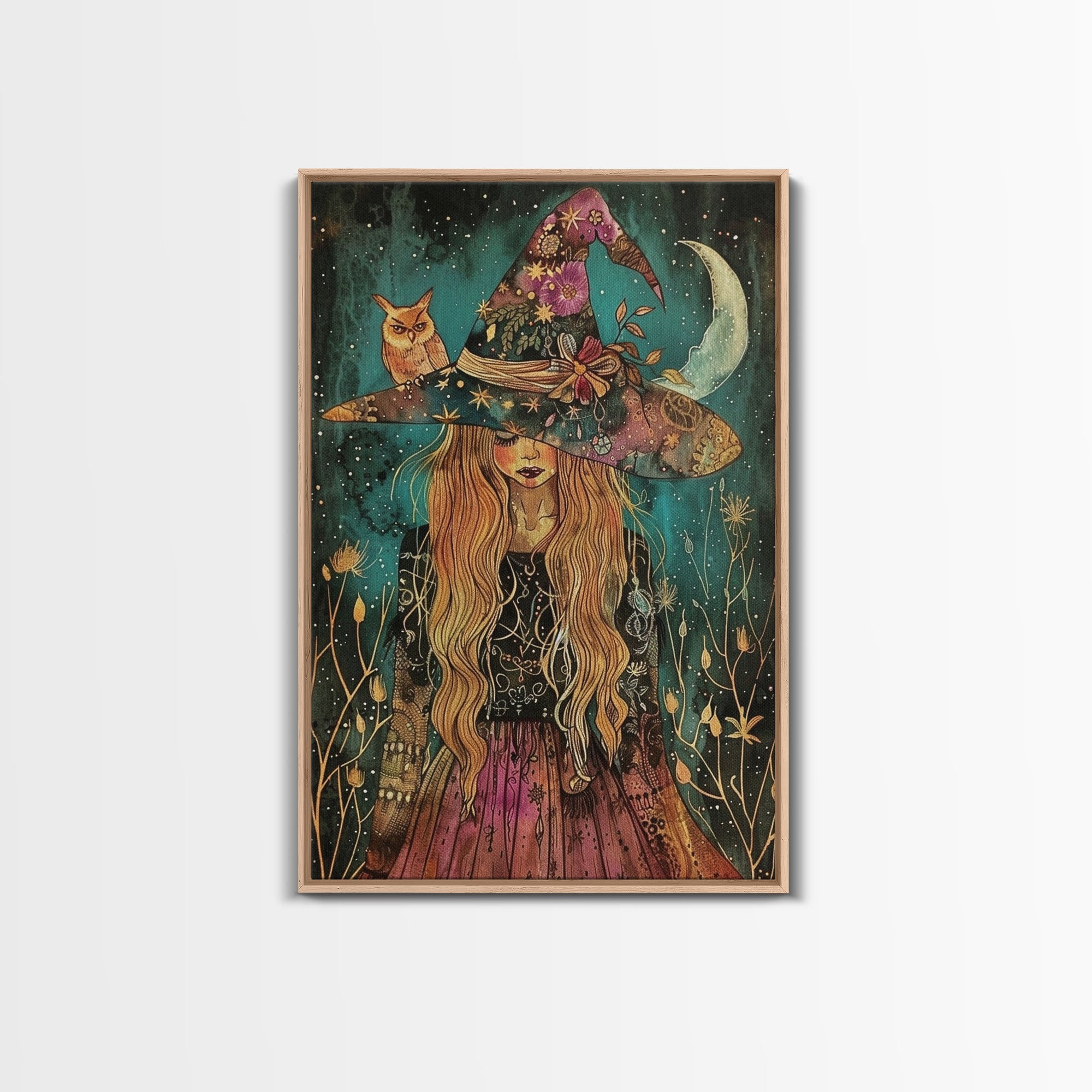 Witch with Black Cat and Moon - Halloween Art, Gothic Art, Spooky Decor, Dark Magic Art, Ominous Portrait, Moonlit Night Framed Canvas Print | | Wiccan Center