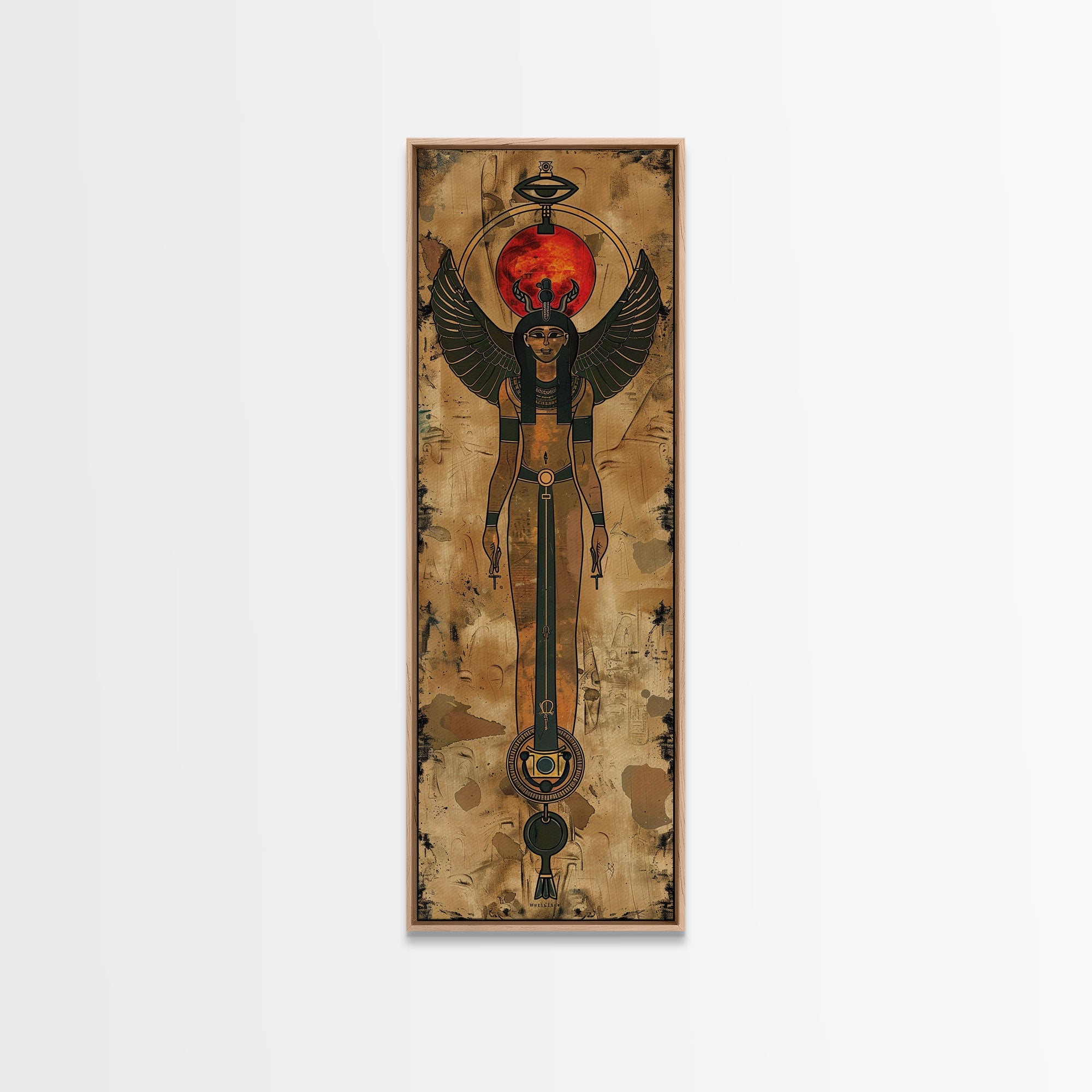 Egyptian Art Depiction of Goddess Isis - Framed Canvas Print, Midcentury Modern Wall Art, Skinny Art, Tall Art, Living Room Decor