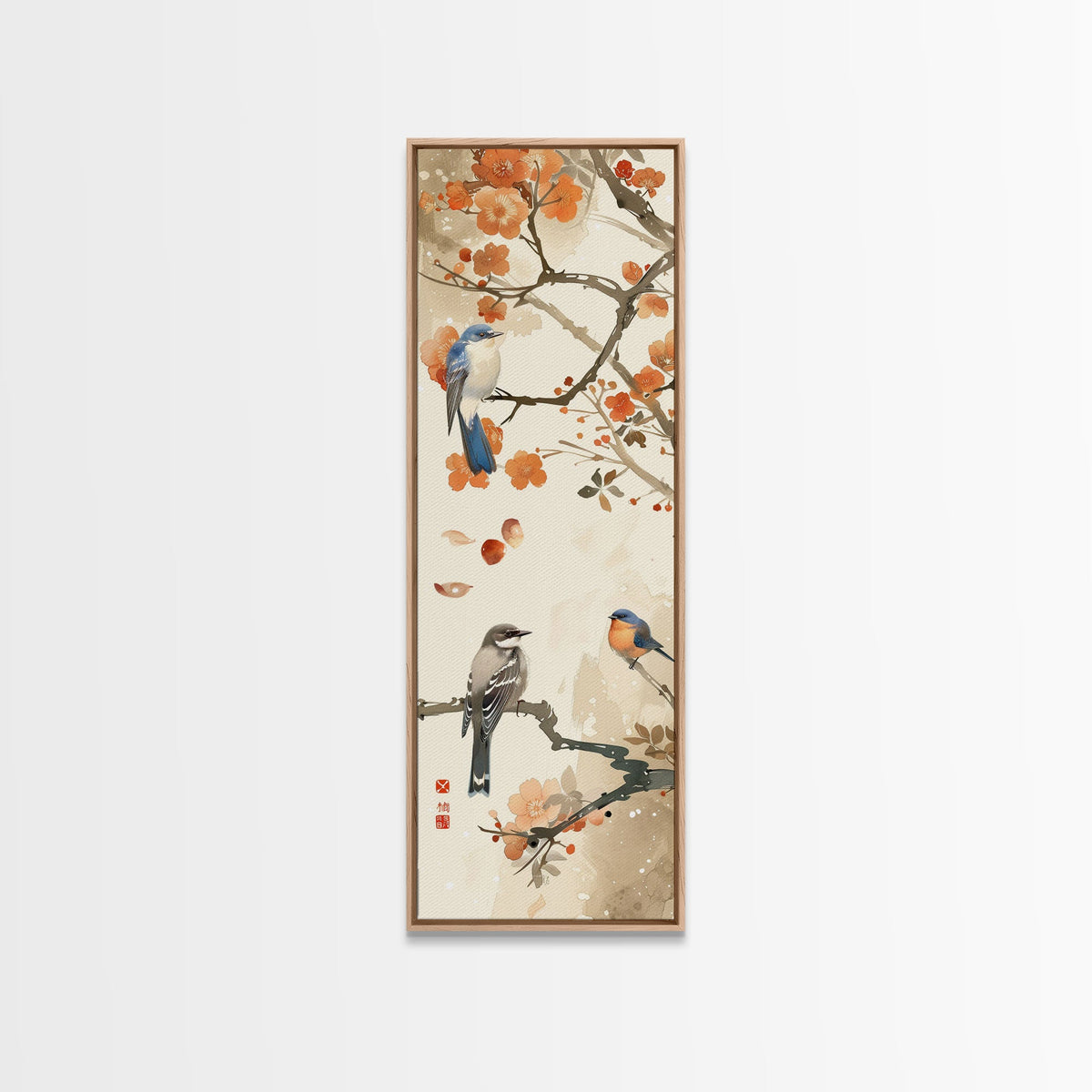 Japanese Art Inspired by Tranquil Birds and Blossoms, Framed Canvas Print for Tall Skinny Art Lovers in Ukiyo-e Style