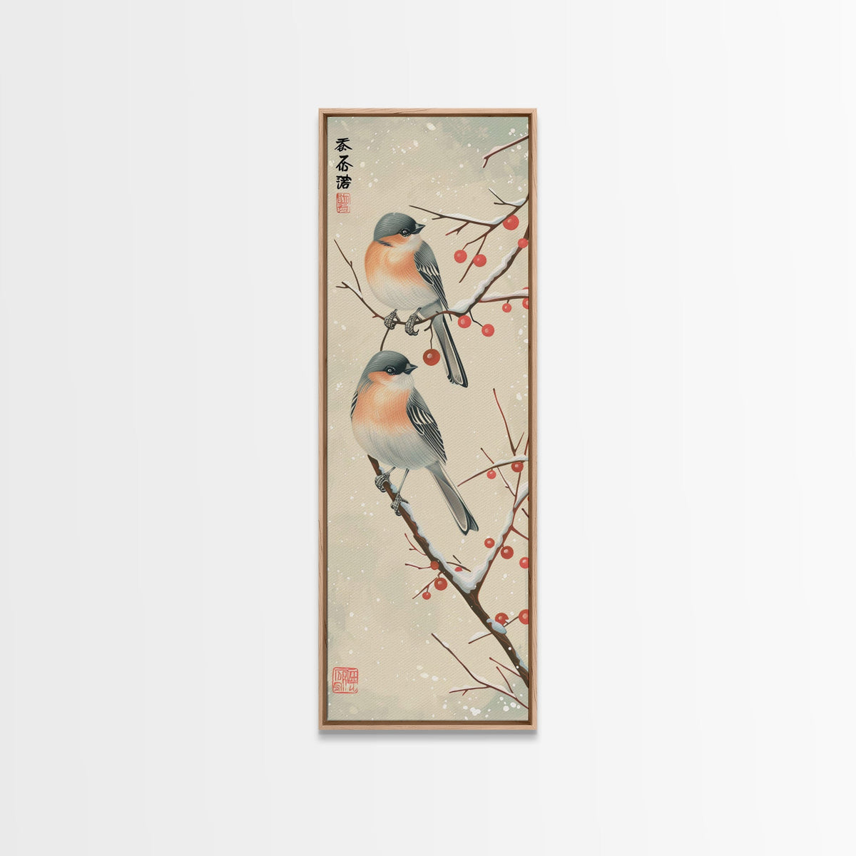 Pair of Birds on Snowy Branches, Japanese Art Framed Canvas Print, Tall and Skinny Wall Art in Ukiyo-e Style
