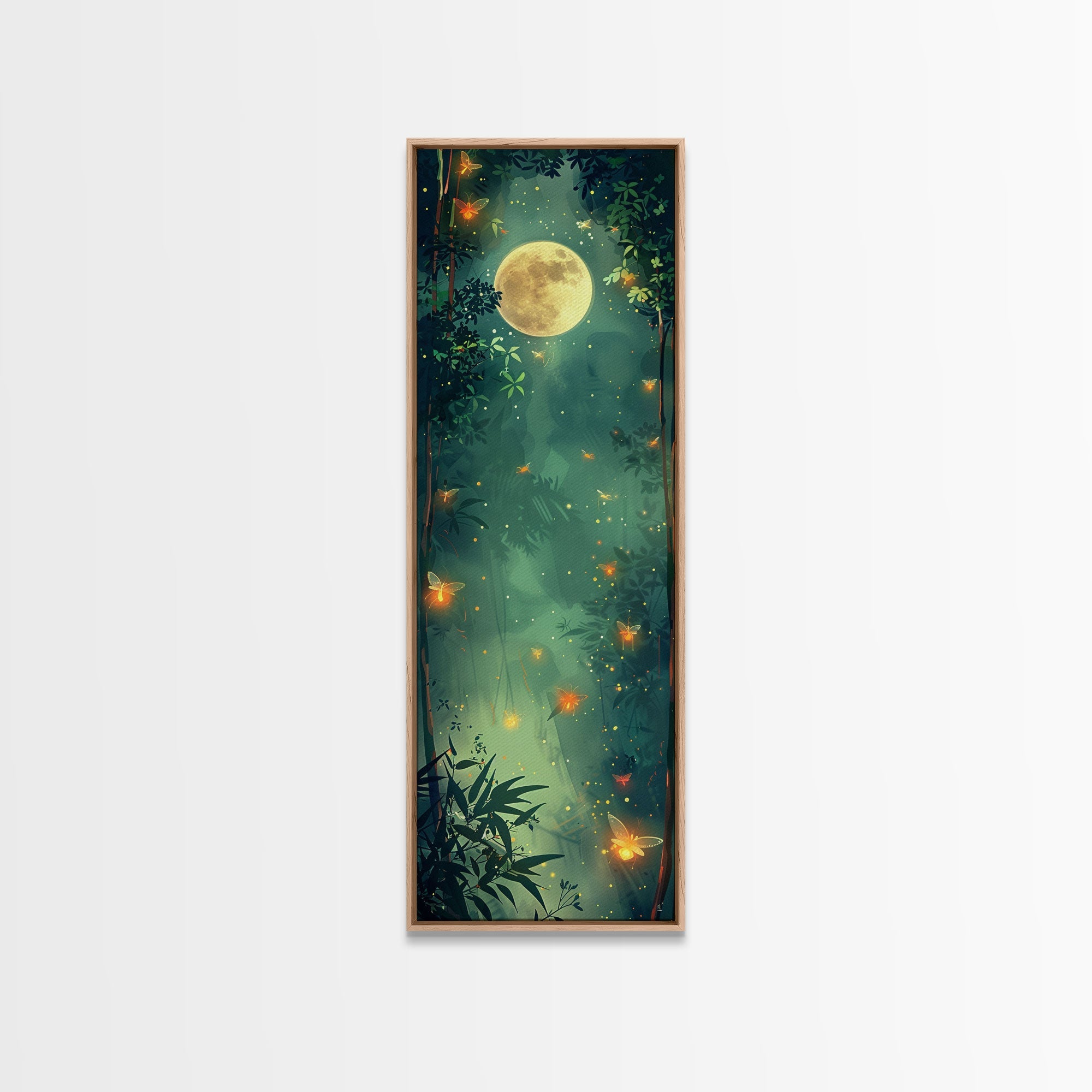 Enchanting Fireflies Illuminating Nighttime Forest Scene Under Full Moon Tall Framed Canvas Print Adding Magical Touch | | Wiccan Center